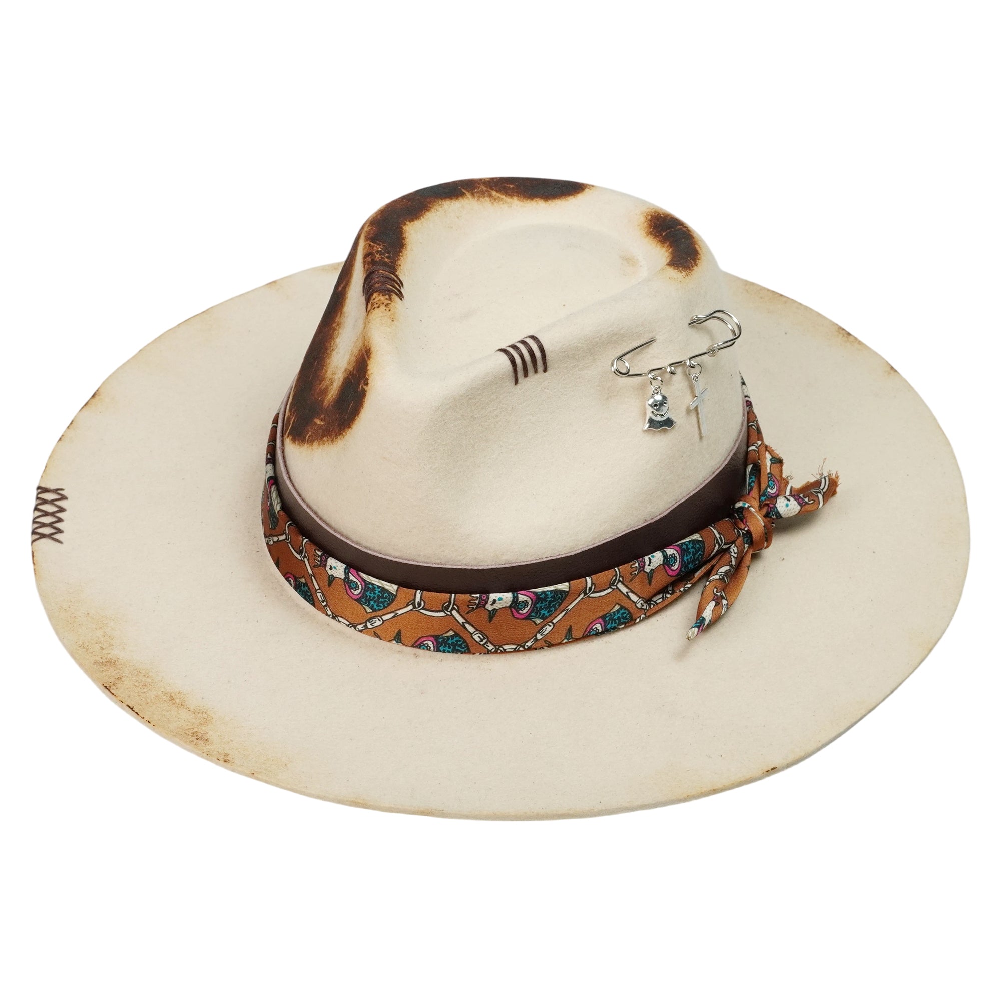 Hand-Burned Edgy Felt Hat – Neutral Tone, Textural Contrast Band