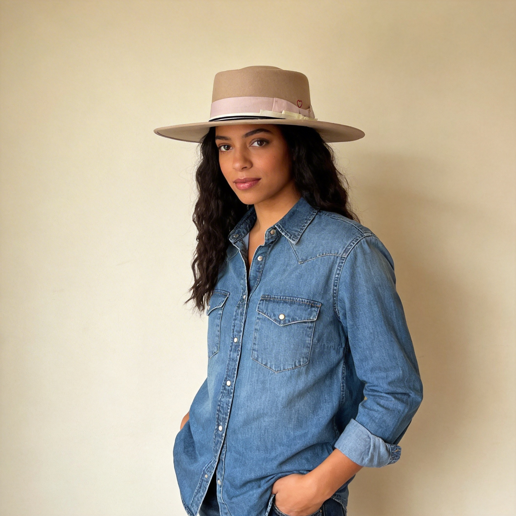 Beige Flat-Brim Hat – Pink Bow & White Band