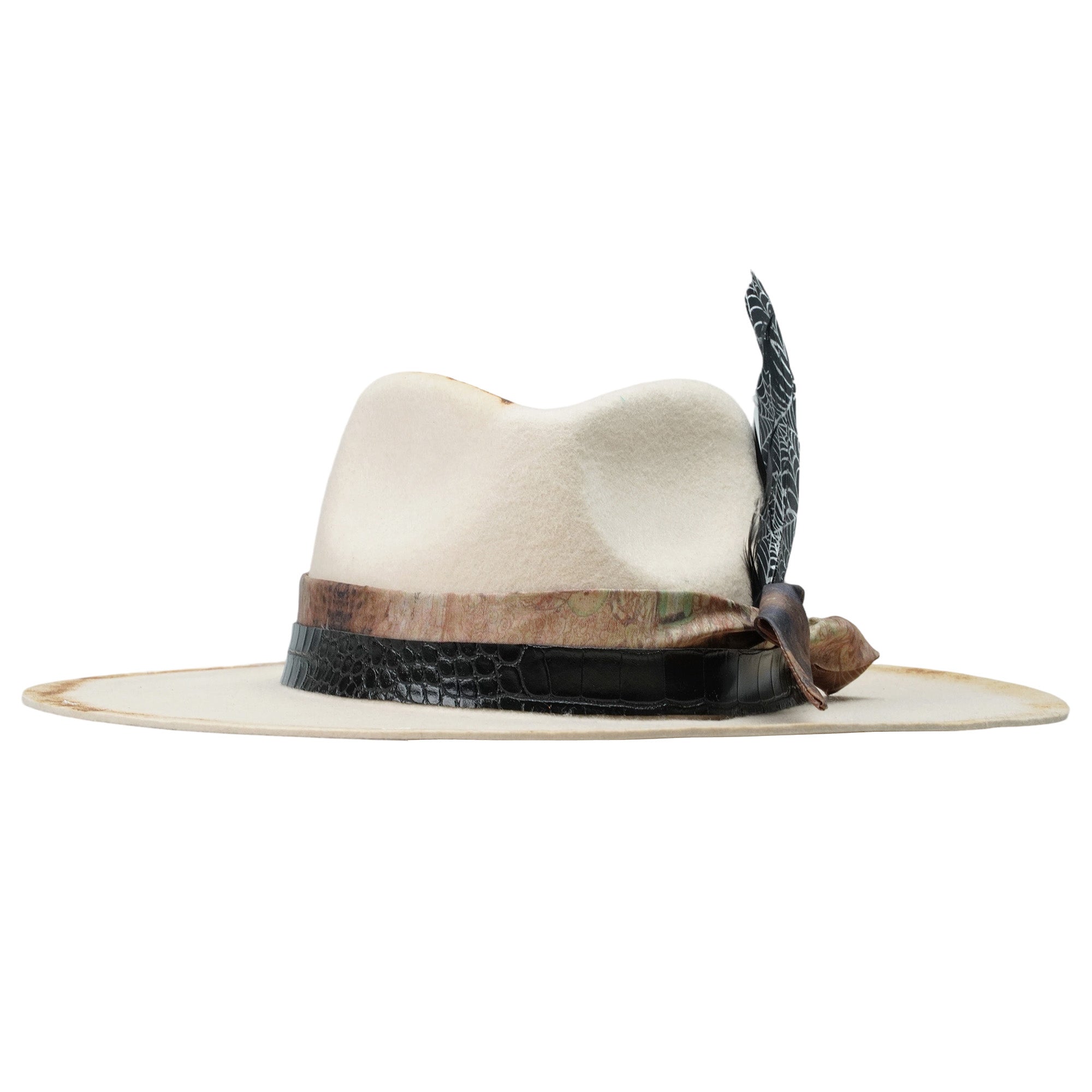 Edgy Felt Hat: Ornate Fabric, Leather, Delicate Feathers