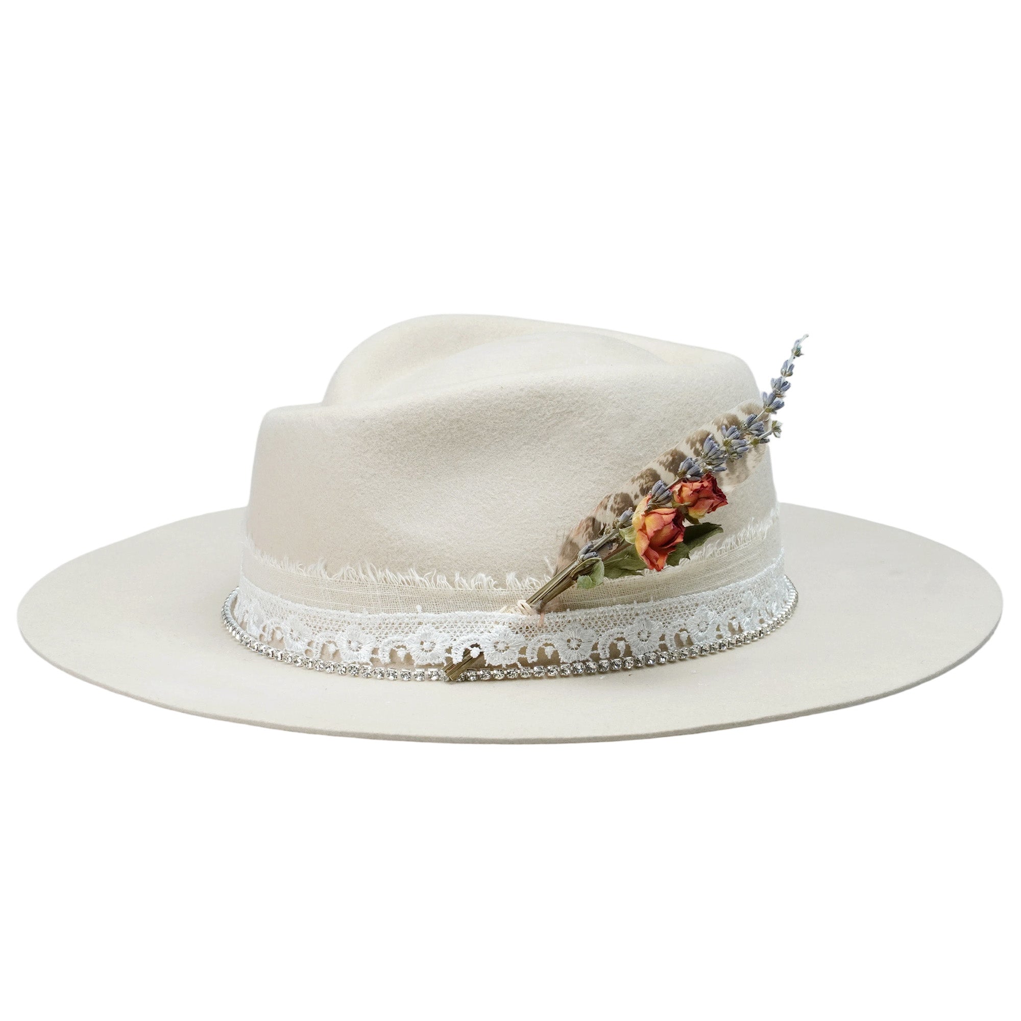 Cream Felt Fedora with Lace Band & Diamond Chain