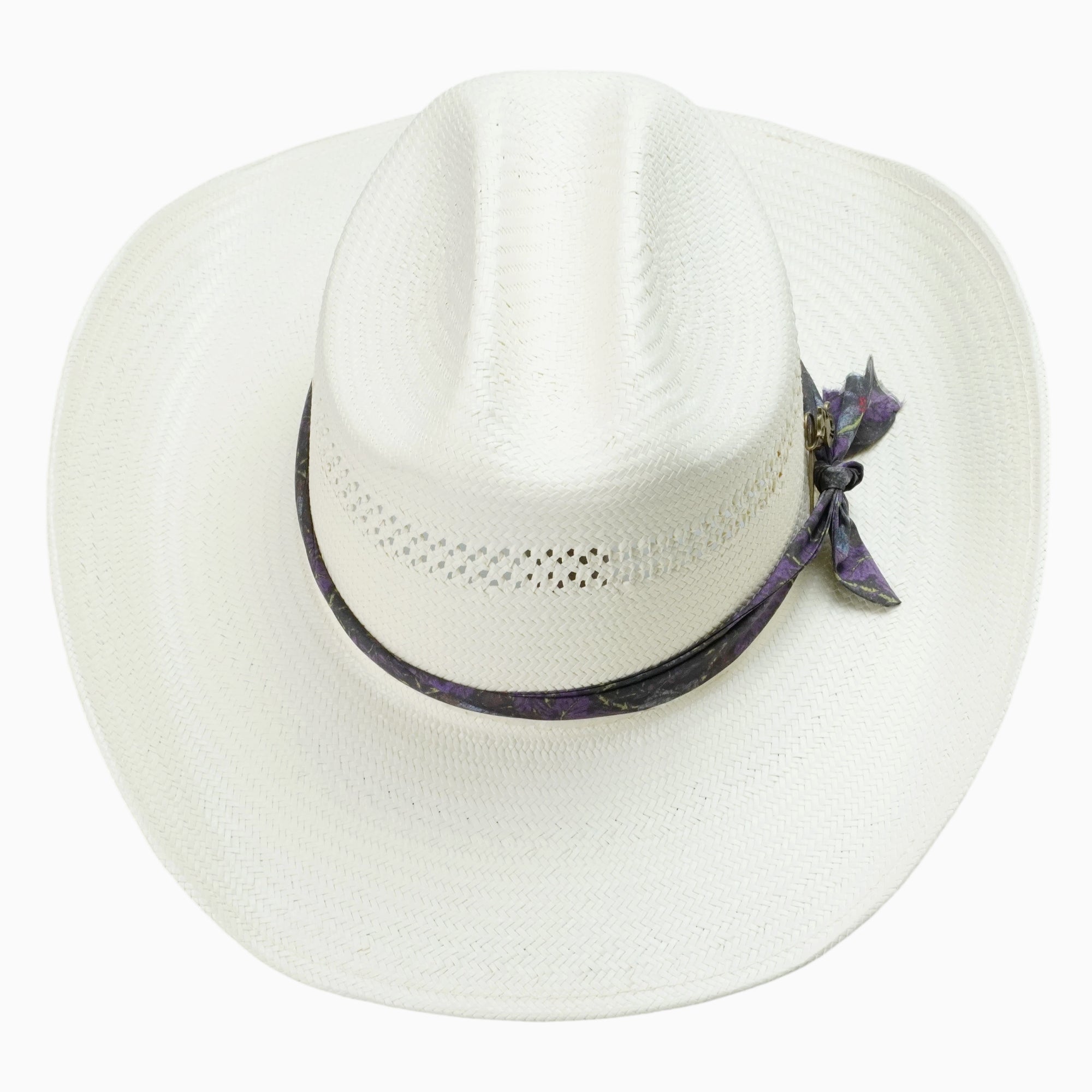 Off-White Breathable Straw Fedora with Patterned Ribbon & Bronze Cat Pin