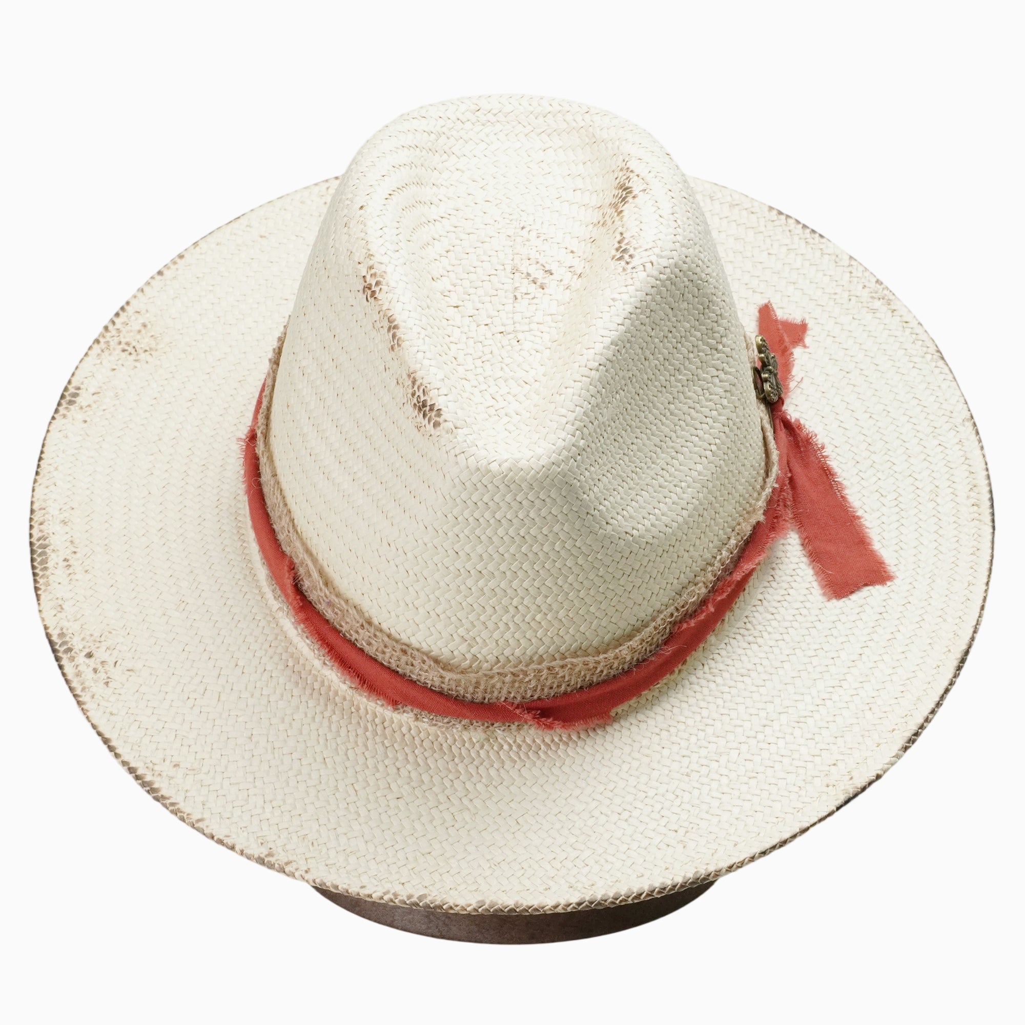 Off-White Breathable Straw Fedora with Distressed Red Band & Butterfly Pin