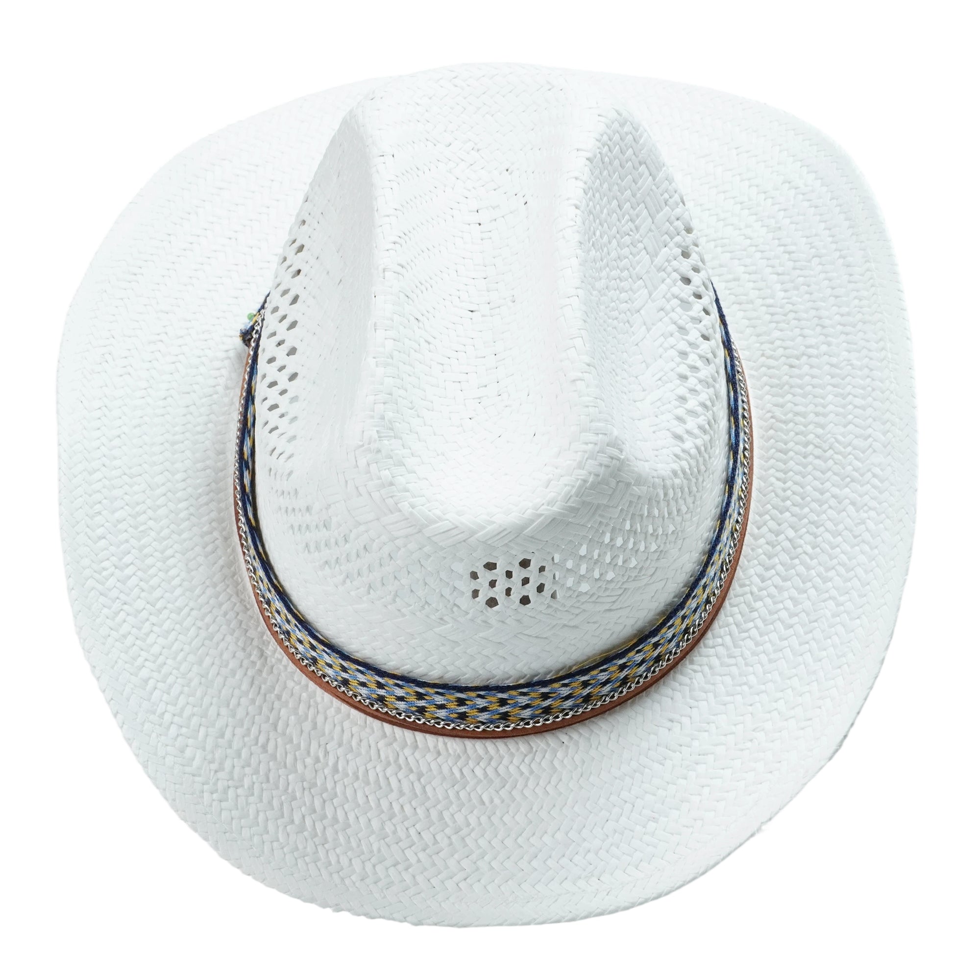 White Straw Hat with Woven Band & Silver Chain