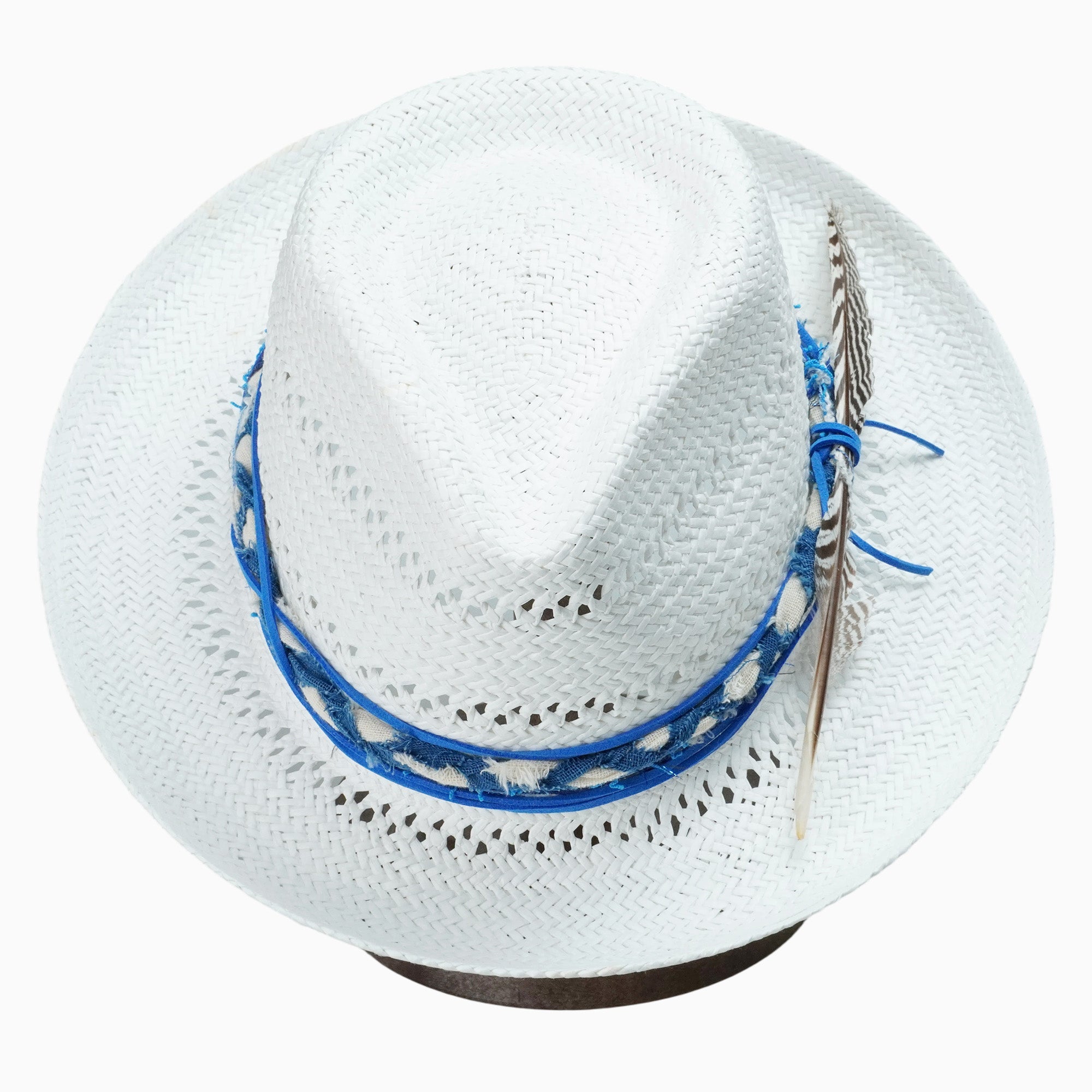 White Breathable Straw Fedora with Blue Woven Band & Feather Accent