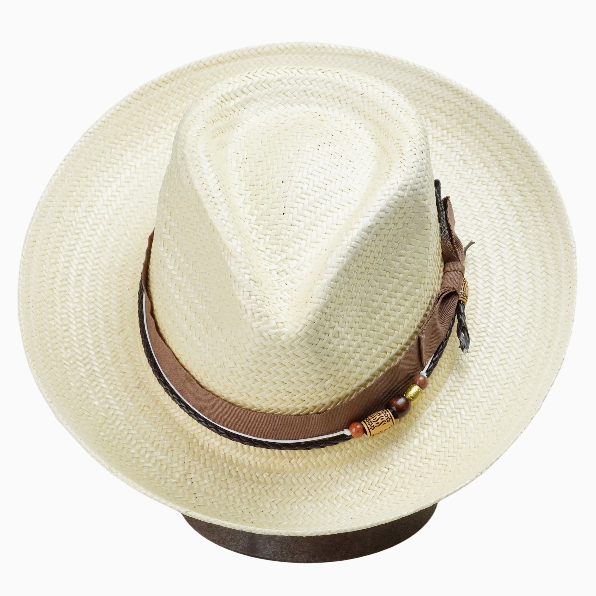Beige Breathable Straw Fedora with Brown Ribbon & Beaded Cord Accent