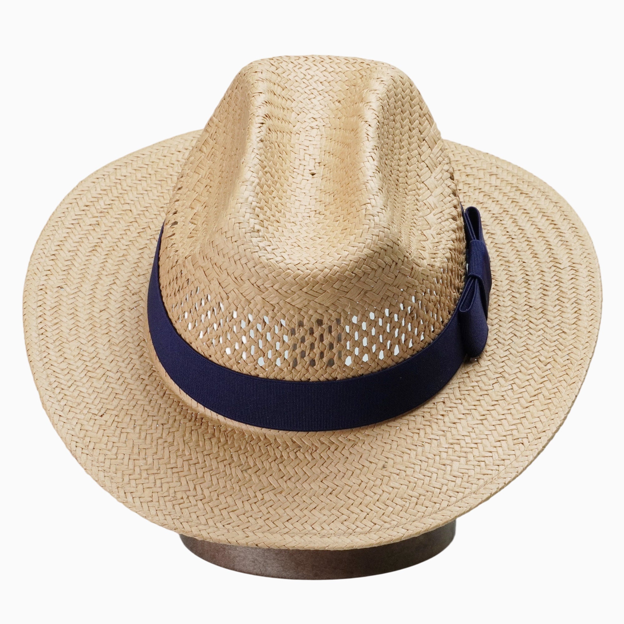 Light Brown Breathable Straw Fedora with Navy Ribbon Band & Bow
