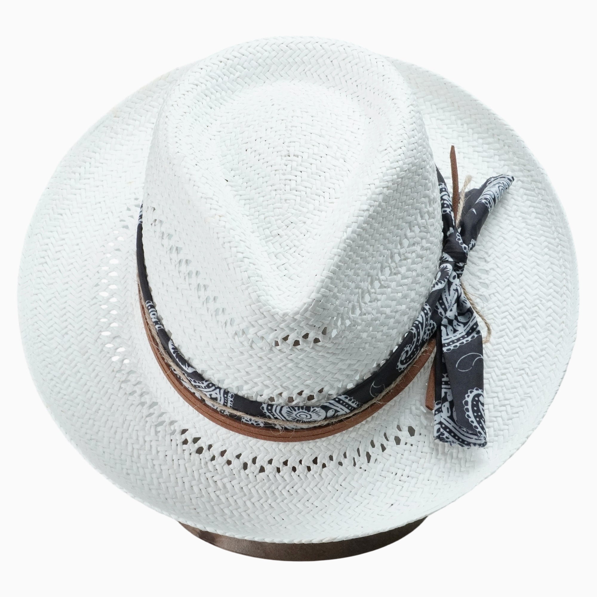 White Breathable Straw Fedora with Classic Paisley Band & Leather Cord