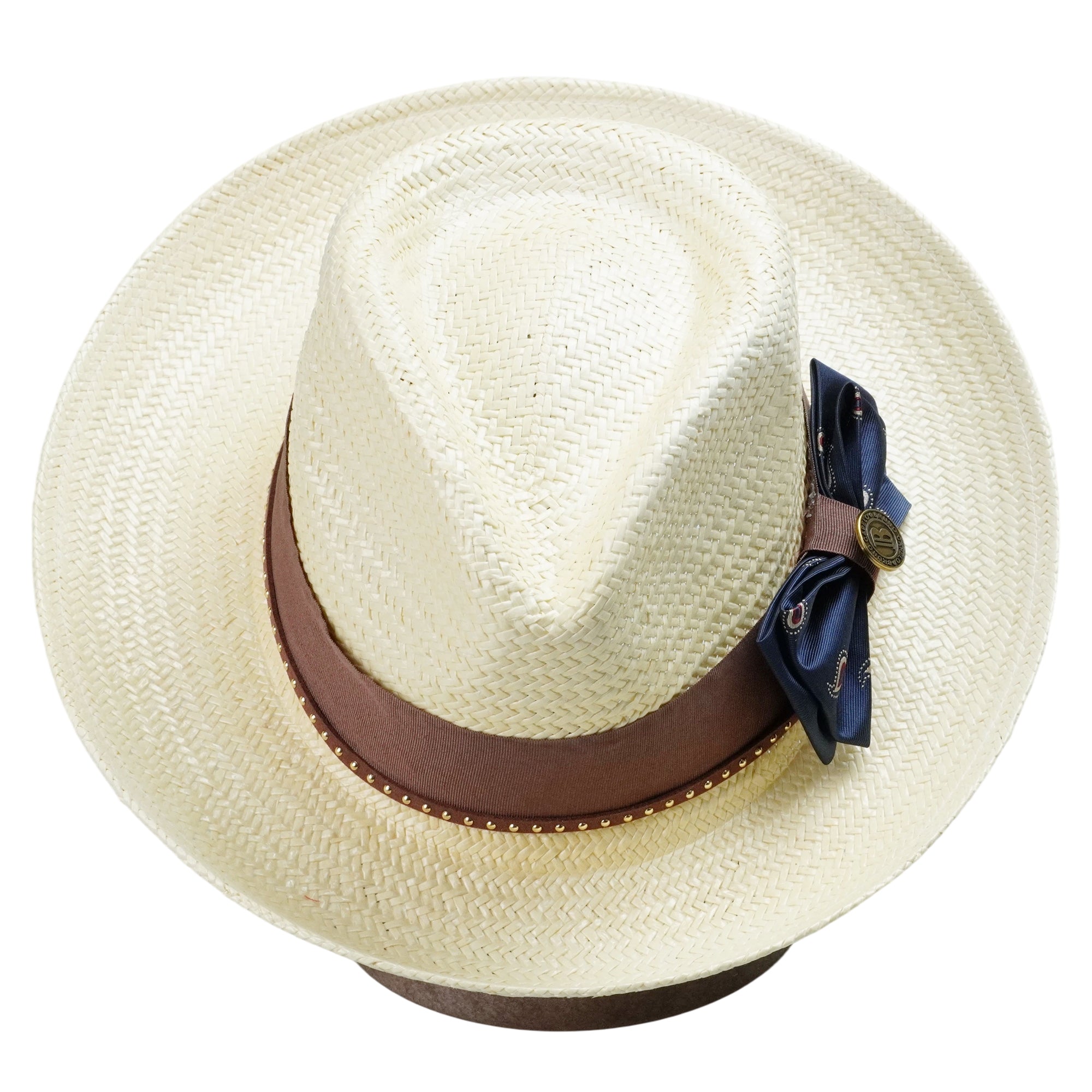 Off-White Straw Hat with Blue Bow & Brown Band