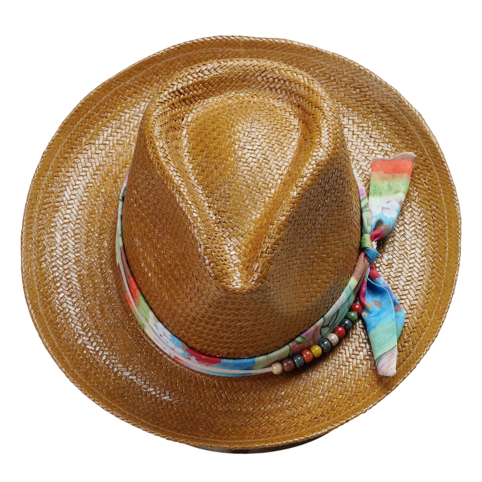 Caramel Straw Hat with Colorful Fabric Band & Beads