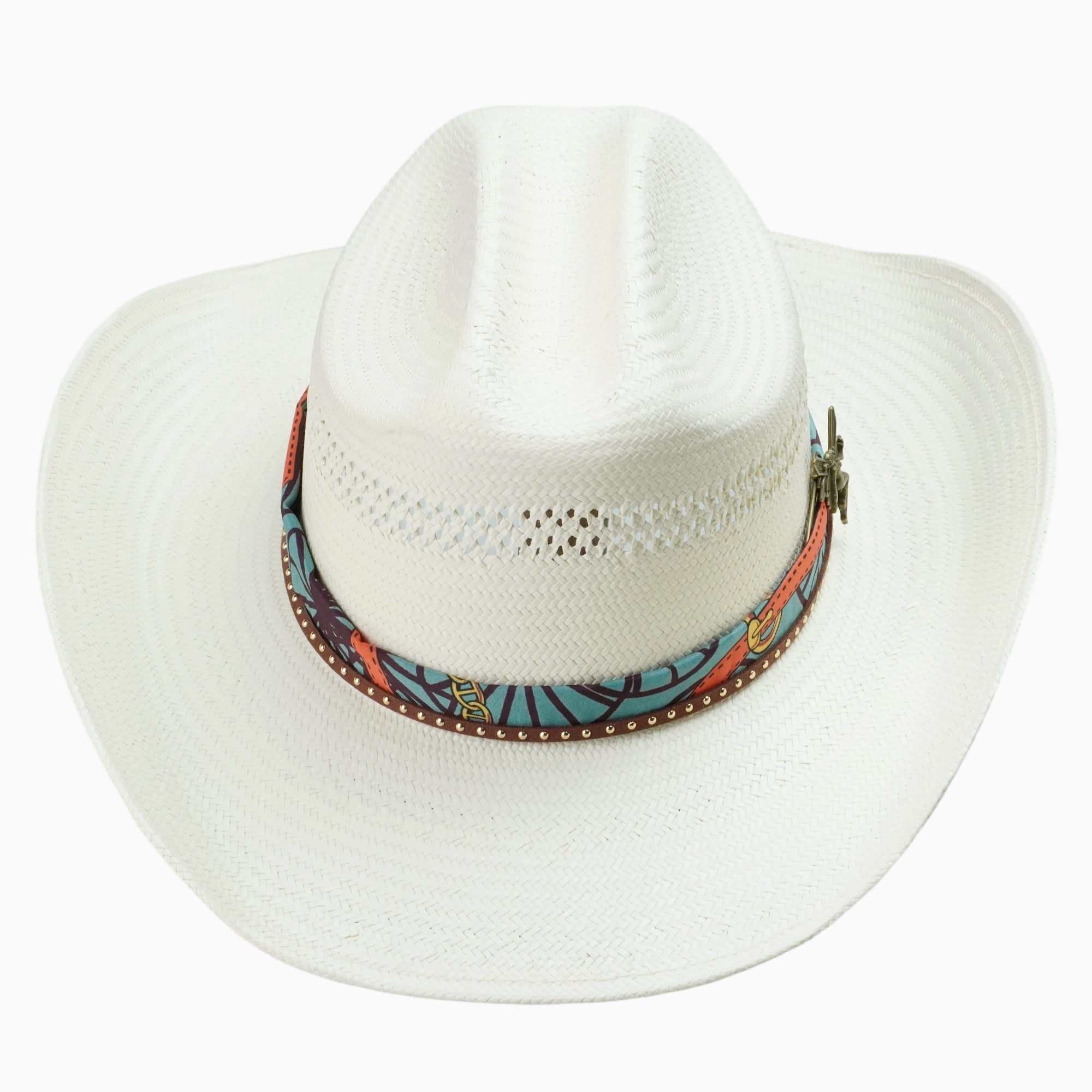 Light Off-White Breathable Straw Fedora with Printed Scarf & Fairy Charm
