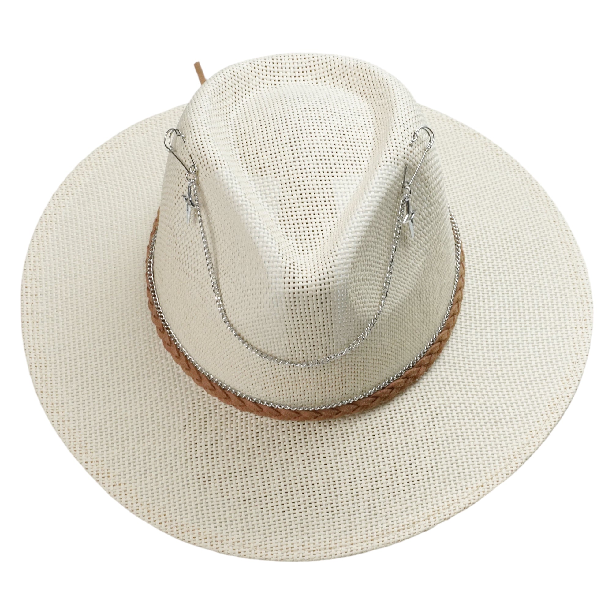 Off-White Straw Hat with Silver Chain & Woven Band