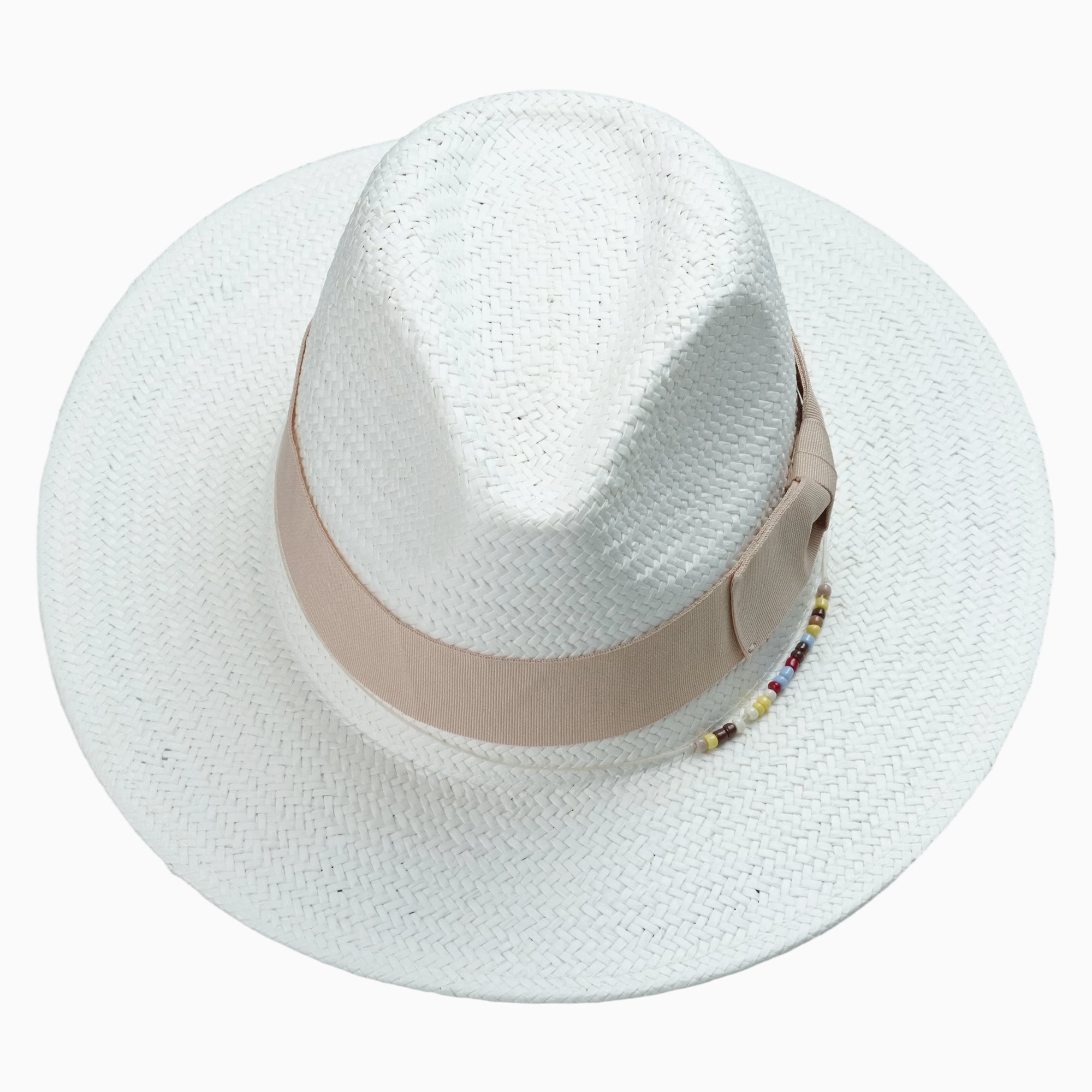 White Breathable Straw Fedora with Beige Ribbon & Beaded Trim