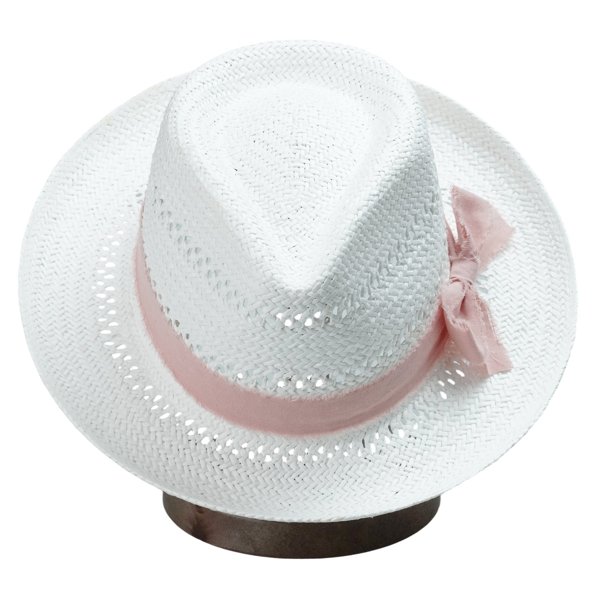 White Straw Hat with Cutout Crown & Light Pink Bow