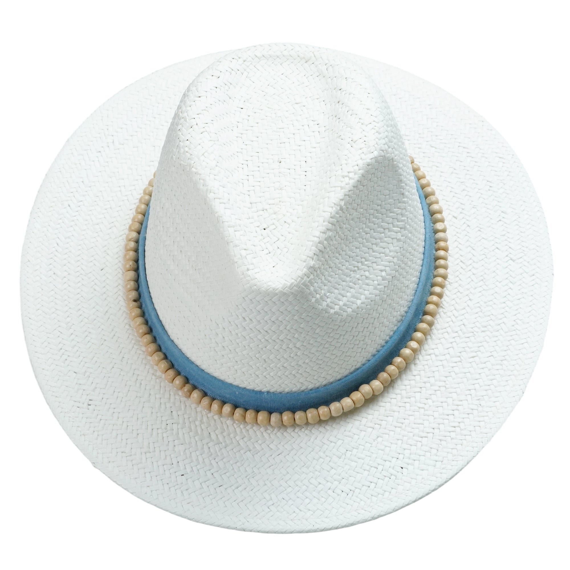 White Straw Hat with Light Blue Band & Wooden Beads