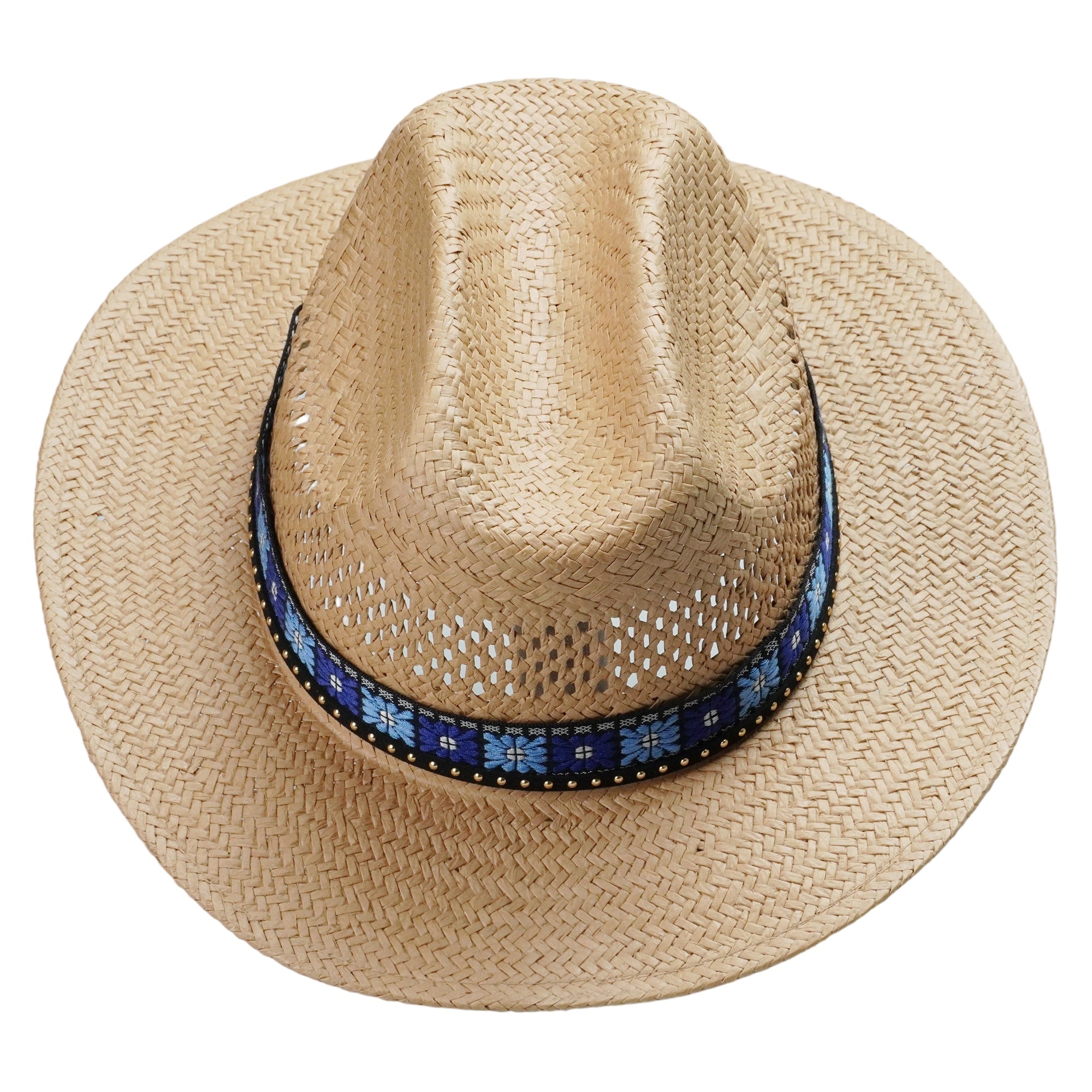 Light Brown Straw Hat with Blue Print Band & Black Cord