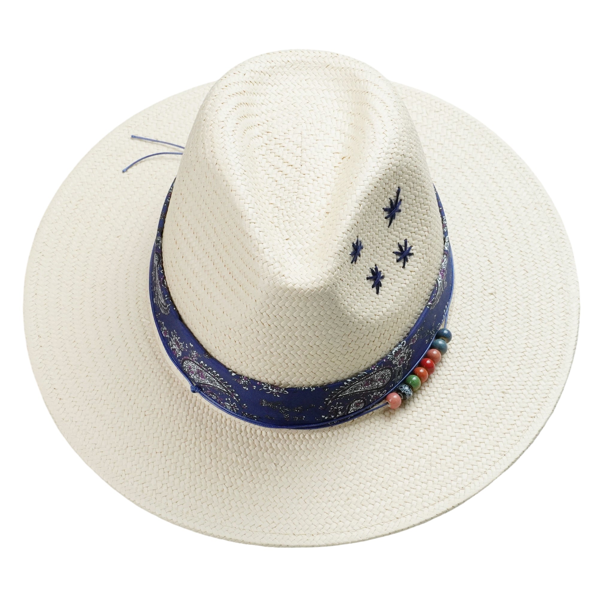 White Straw Hat with Blue Print Band & Colorful Beads