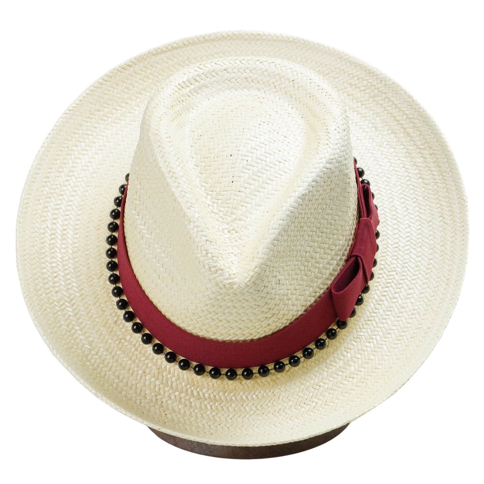 Beige Straw Hat with Dark Red Wide Band & Black Beads