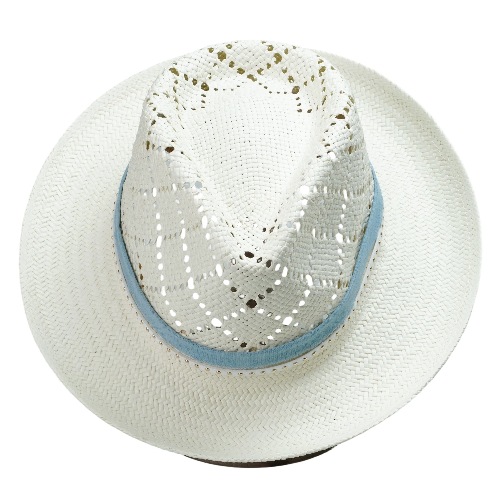 White Straw Hat with Cutout Crown & Light Blue Band