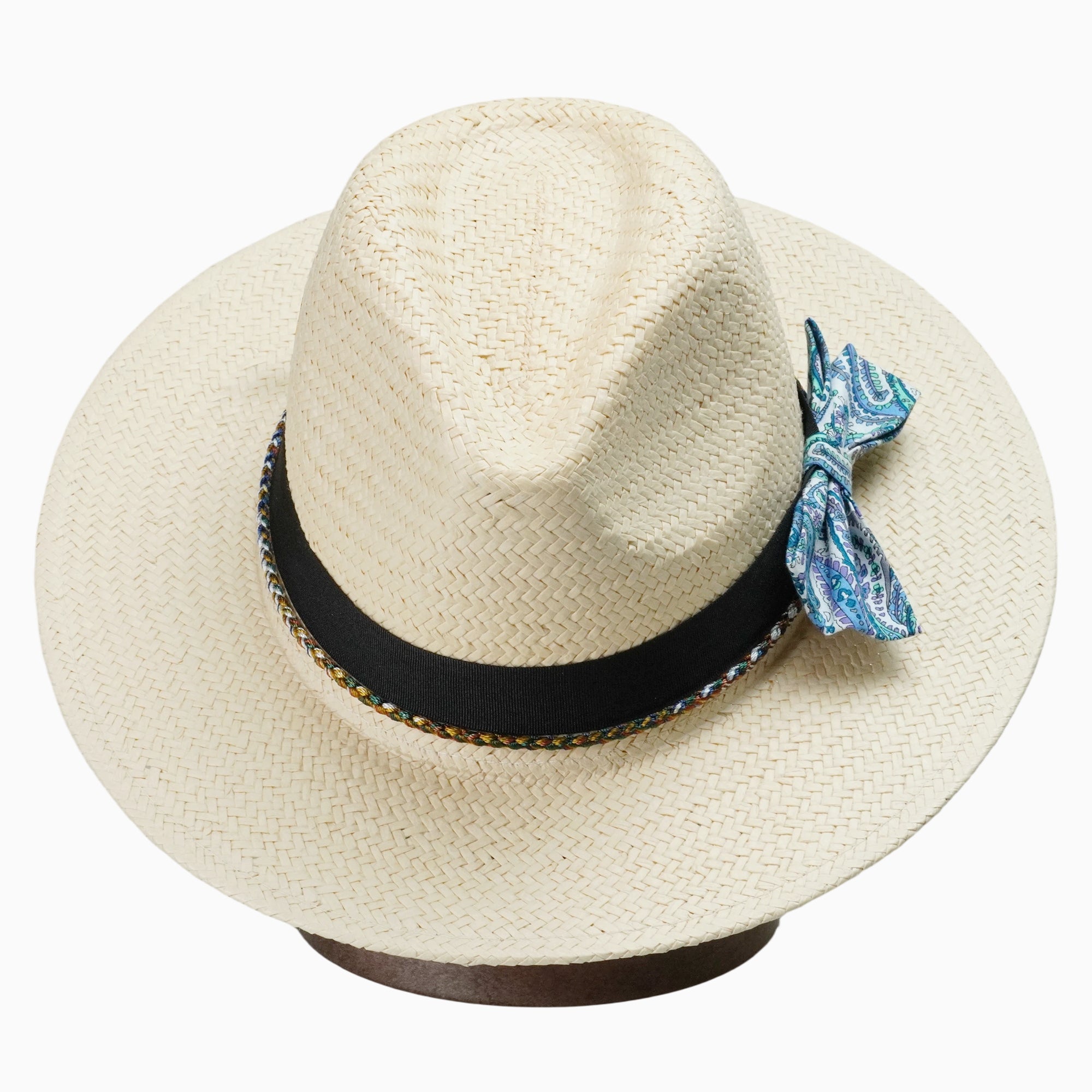 Beige Breathable Straw Fedora with Black Band & Paisley Bow