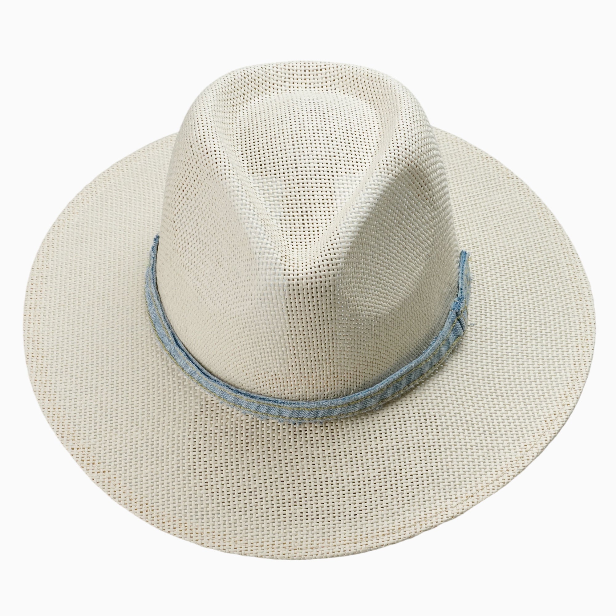 Light Beige Breathable Straw Fedora with Denim-Edge Hatband