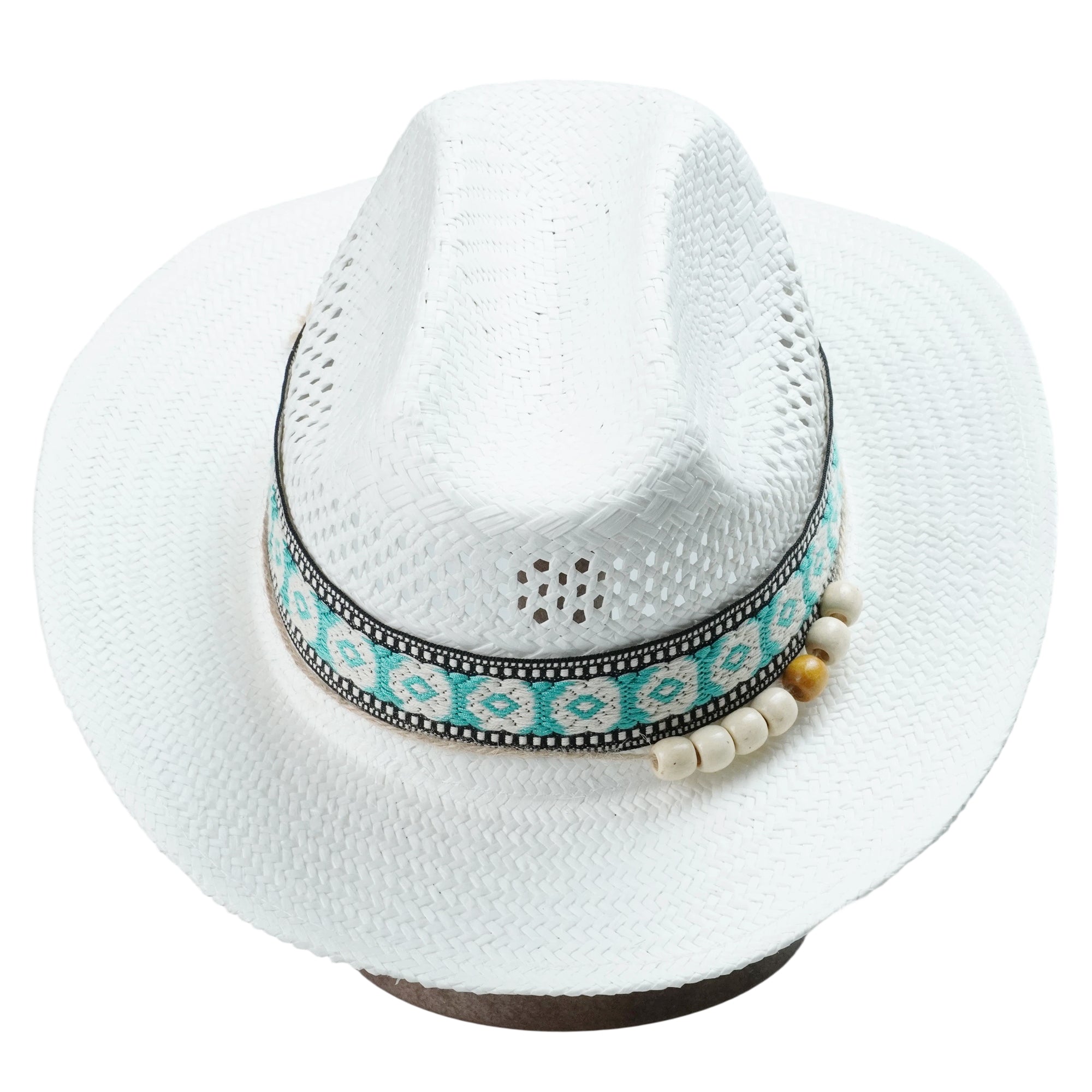 White Breathable Straw Fedora with Geometric Woven Band & Wooden Beads