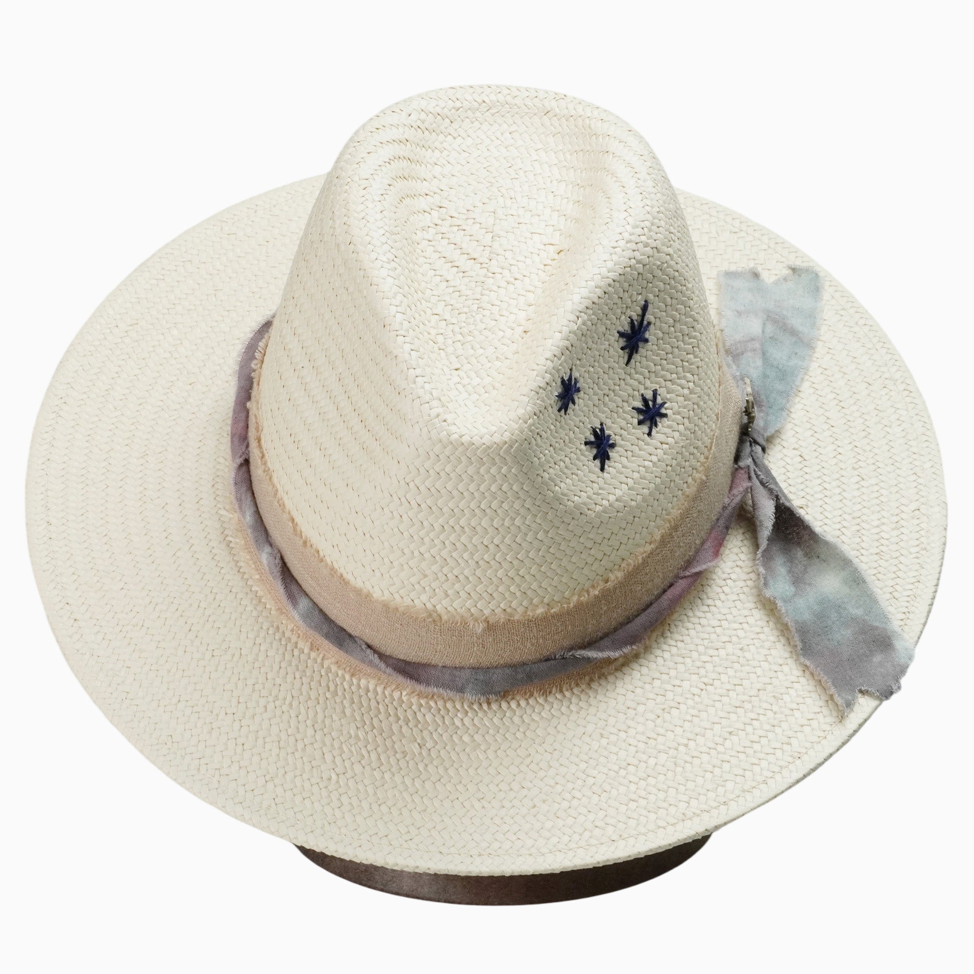 Beige Breathable Straw Fedora with Distressed Fabric & Eagle Charm Band