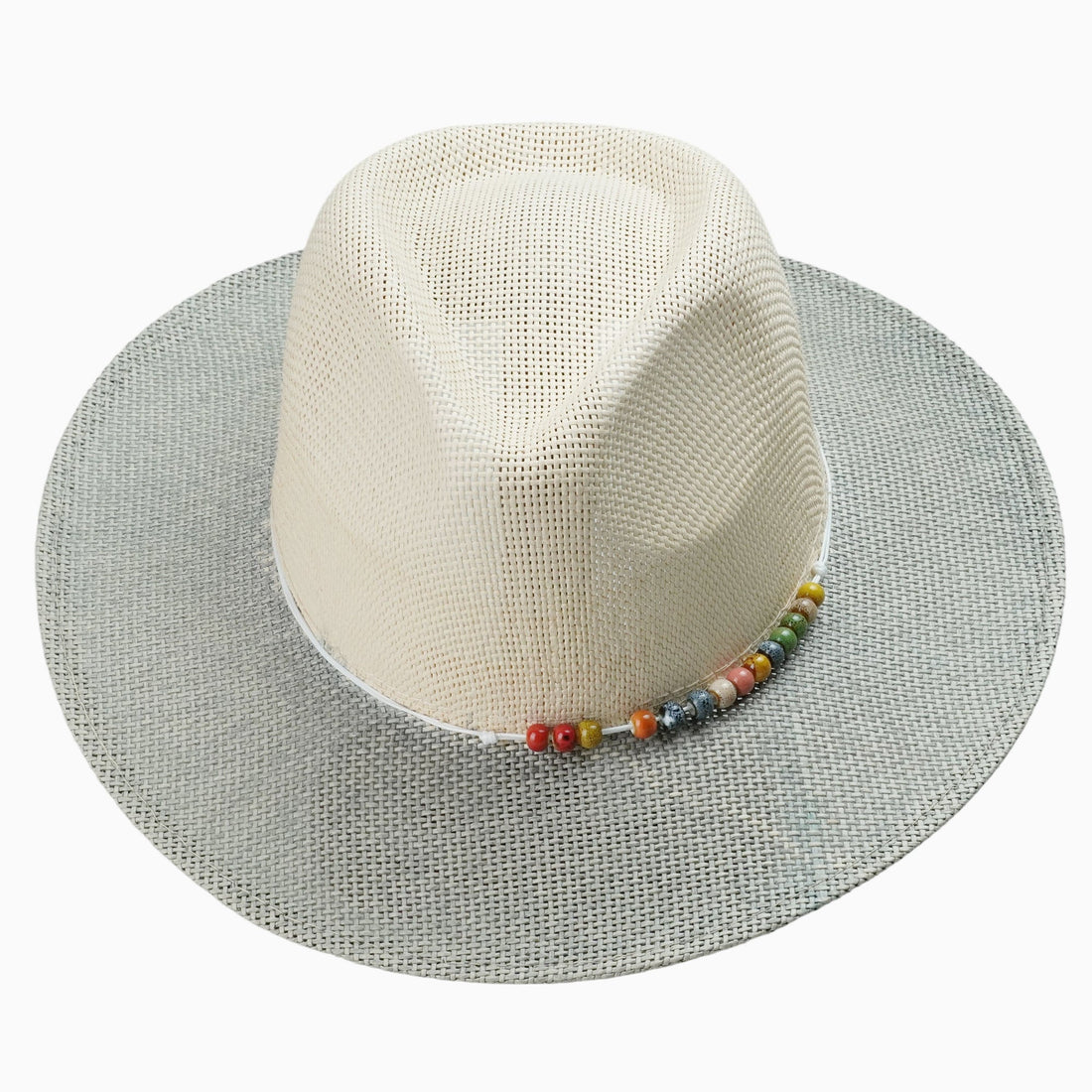 Two-Tone Beige & Grey Straw Hat with Colorful Bead Embellishment