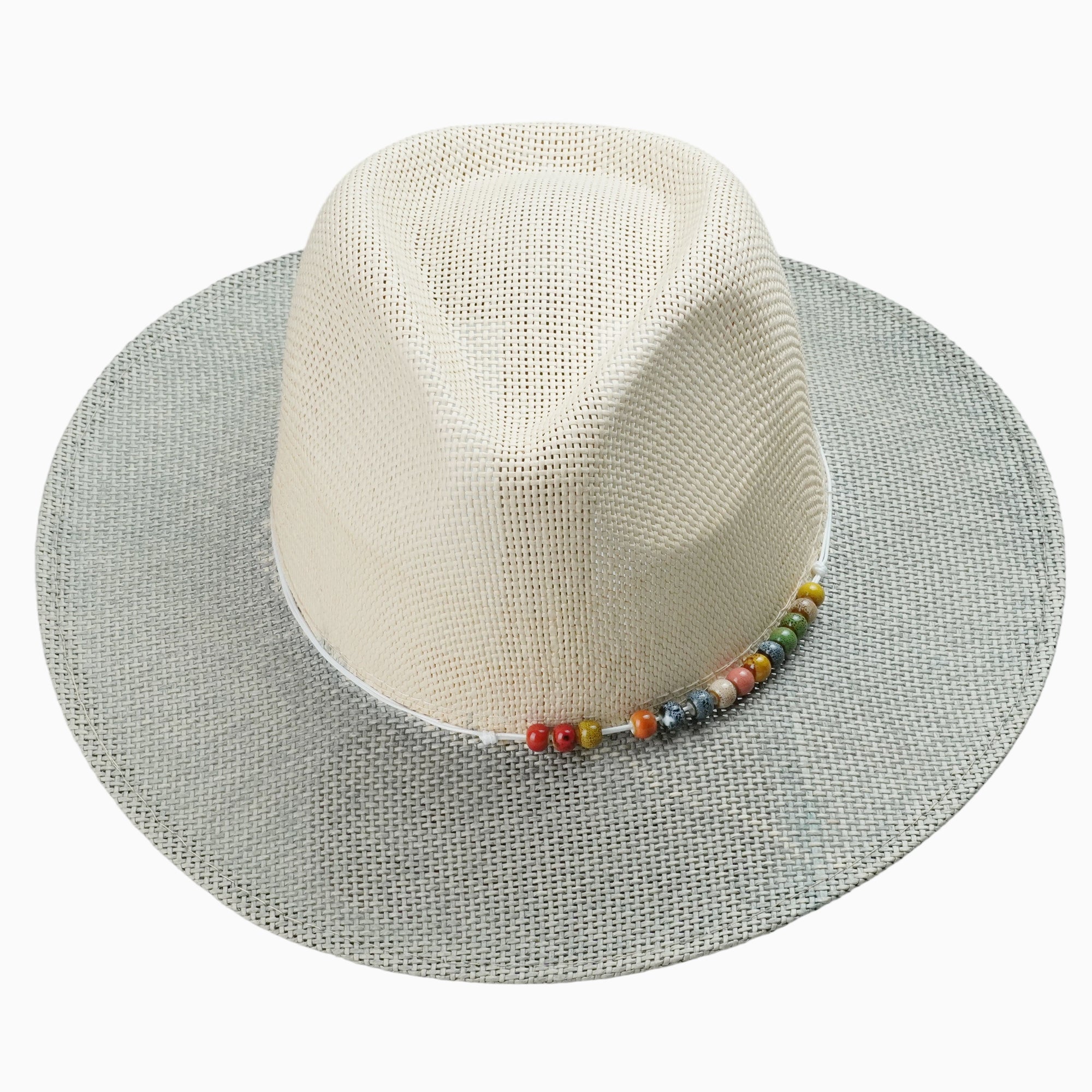 Two-Tone Beige & Grey Straw Hat with Colorful Bead Embellishment