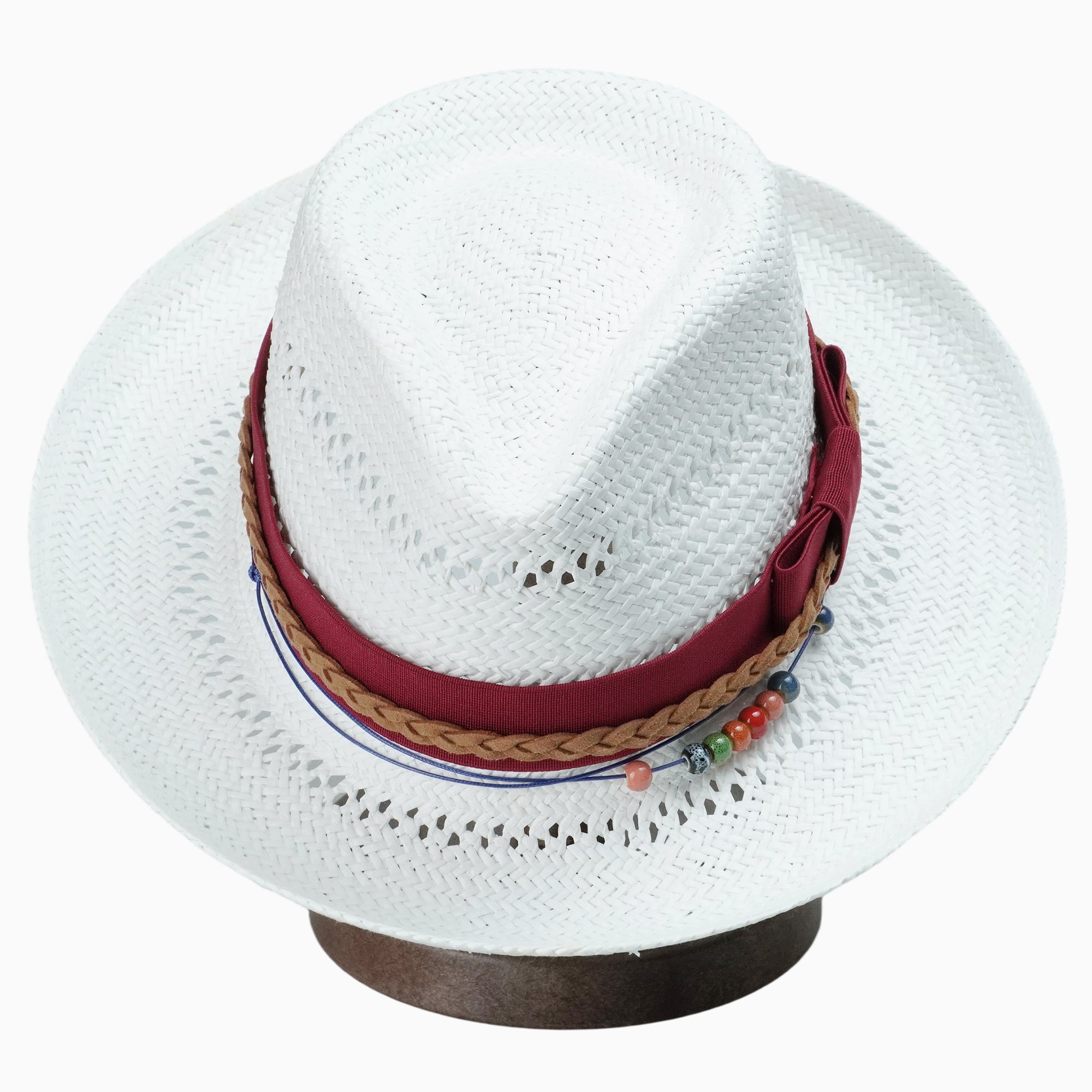 White Breathable Straw Fedora with Burgundy Ribbon & Beaded Cord
