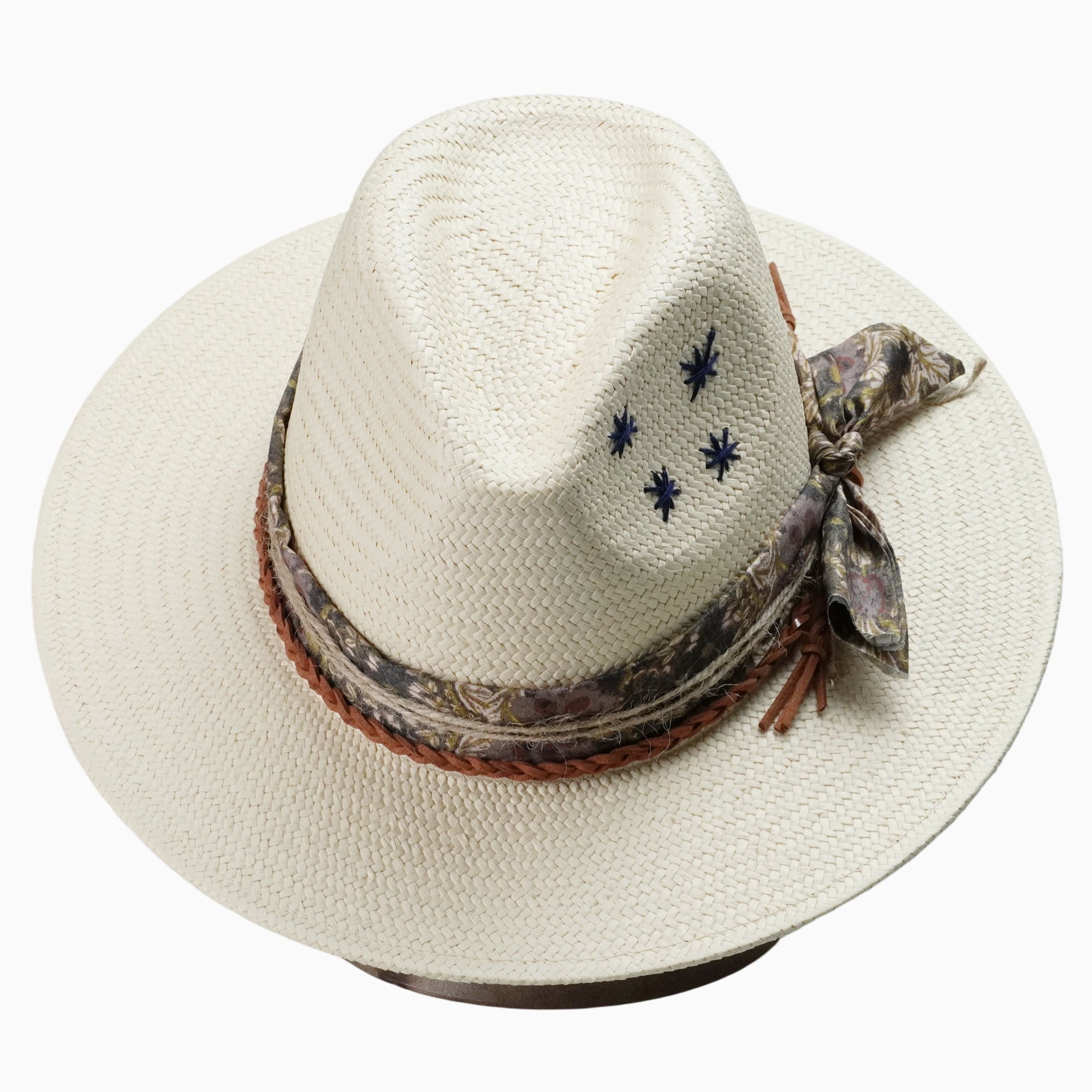 Natural Straw Fedora with Embroidered Stars & Boho Fabric Band