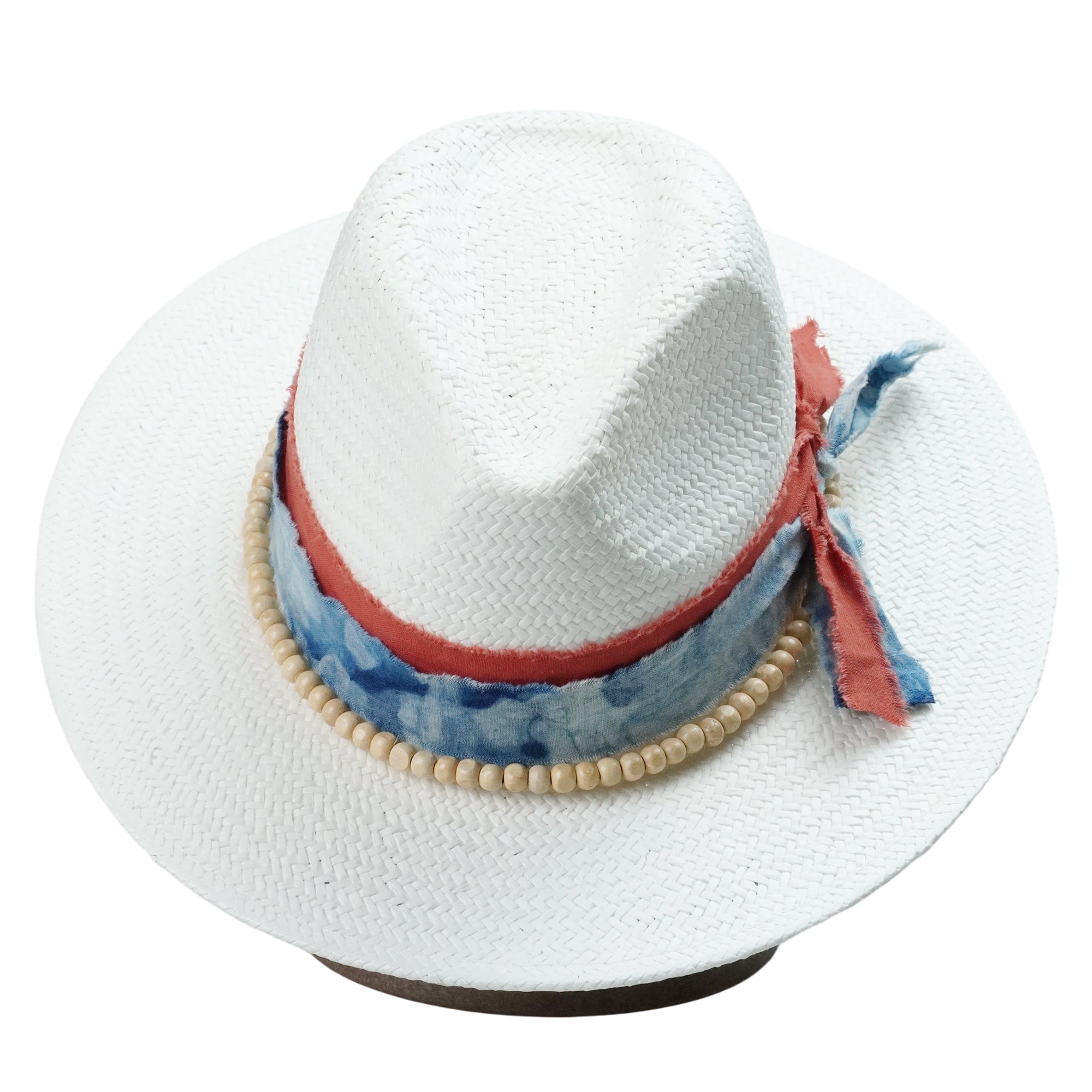 White Breathable Straw Fedora with Tie-Dye Fabric Band & Beaded Trim