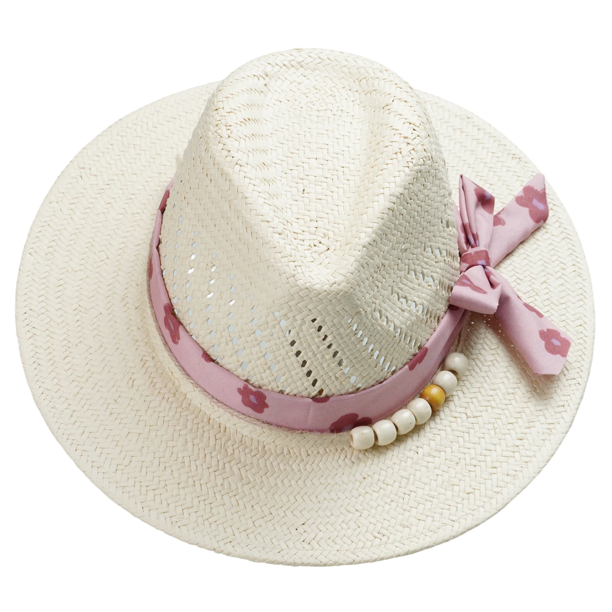 Off-White Straw Hat - Classic Teardrop with Pink Flower Strap