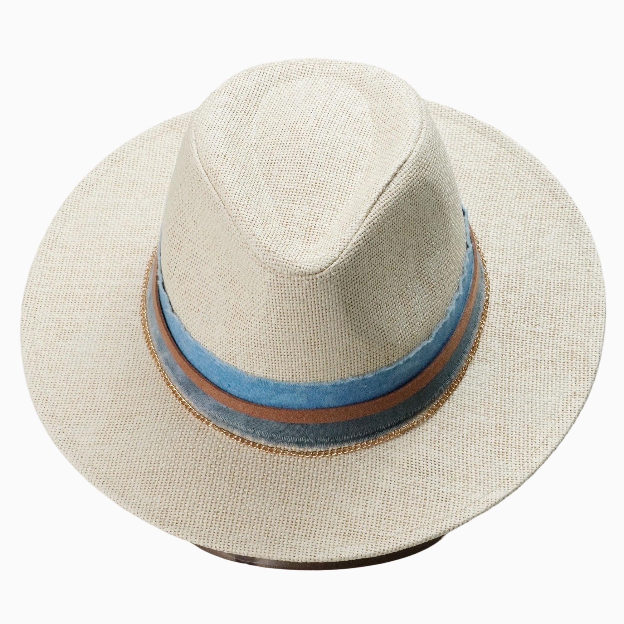 White Breathable Straw Fedora with Blue Gradient Scarf & Chain Trim