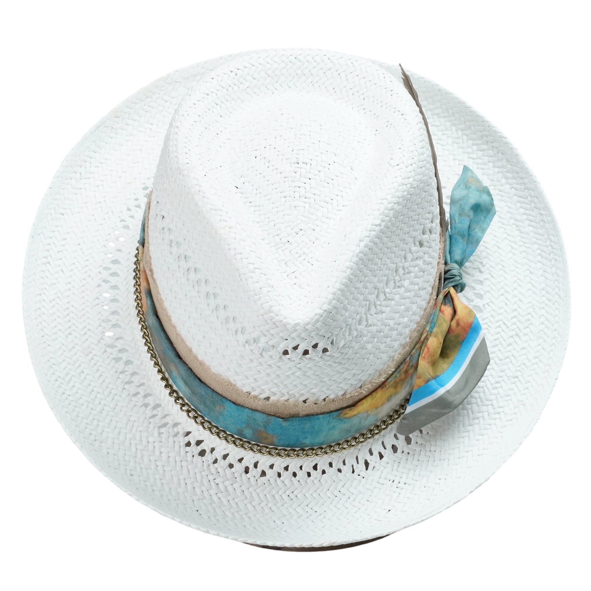 White Straw Hat - Classic Teardrop with Metal Chain Detail