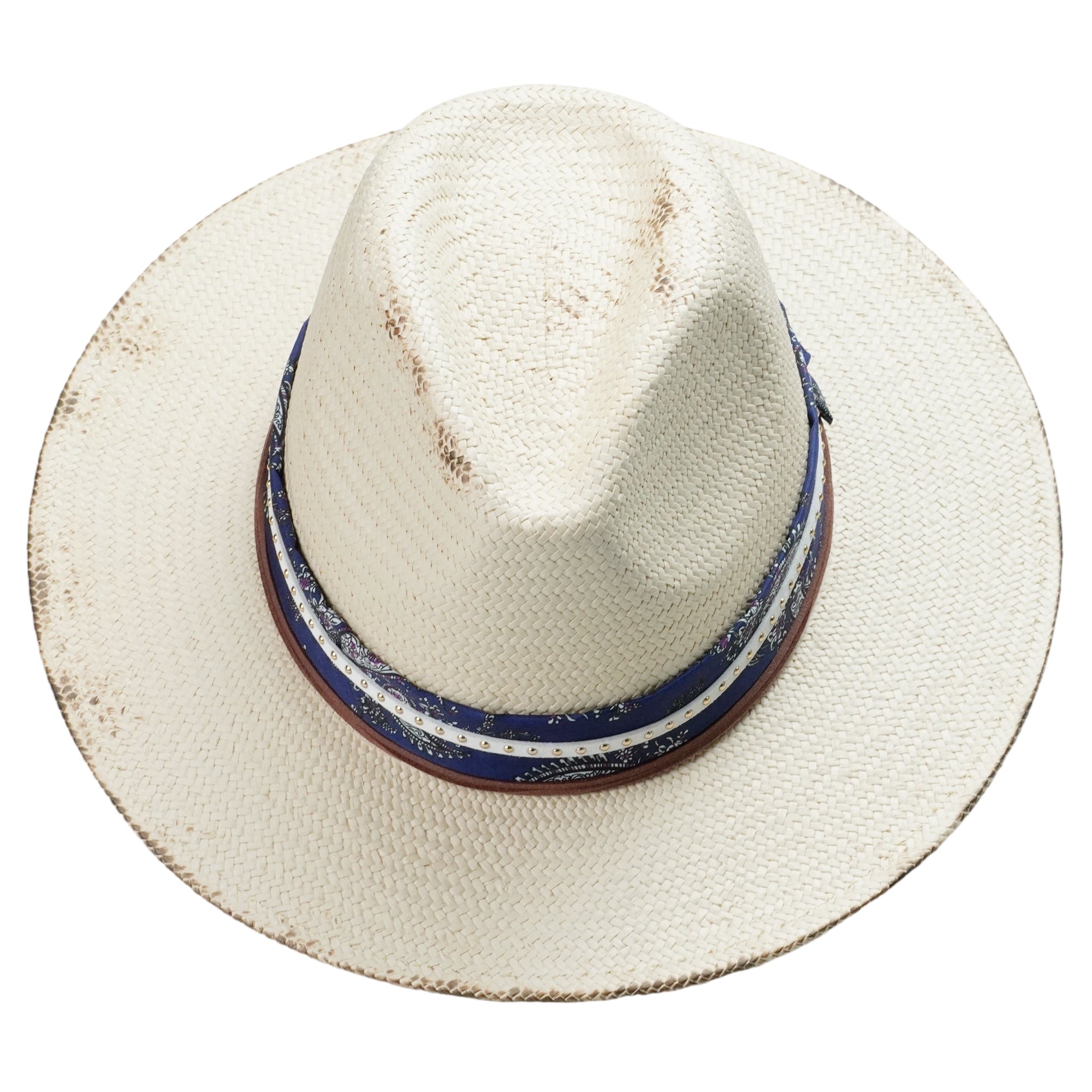 White Straw Hat with Printed Band & Thin Cords