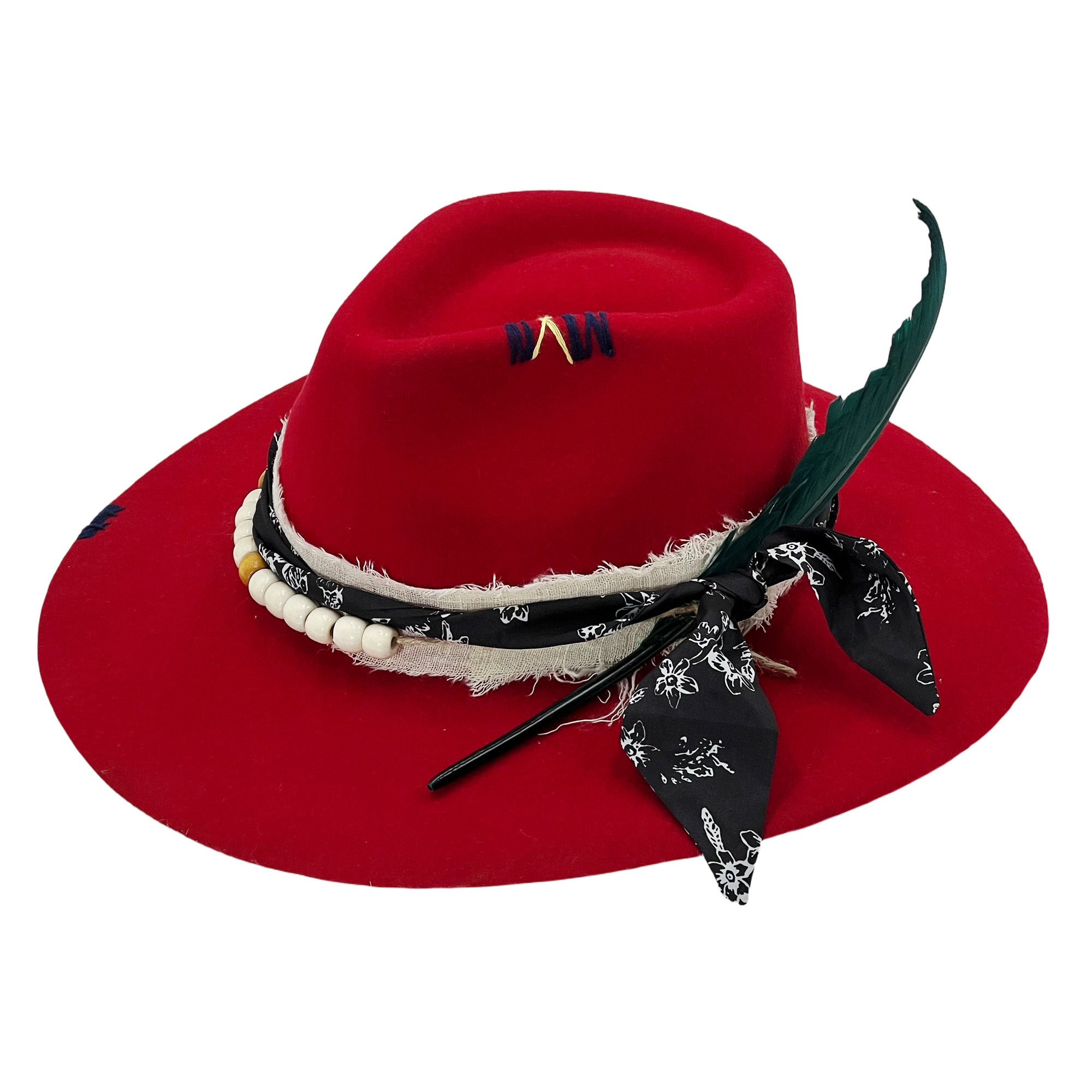 Bold Red Hat w/ Woven & Beaded Trim
