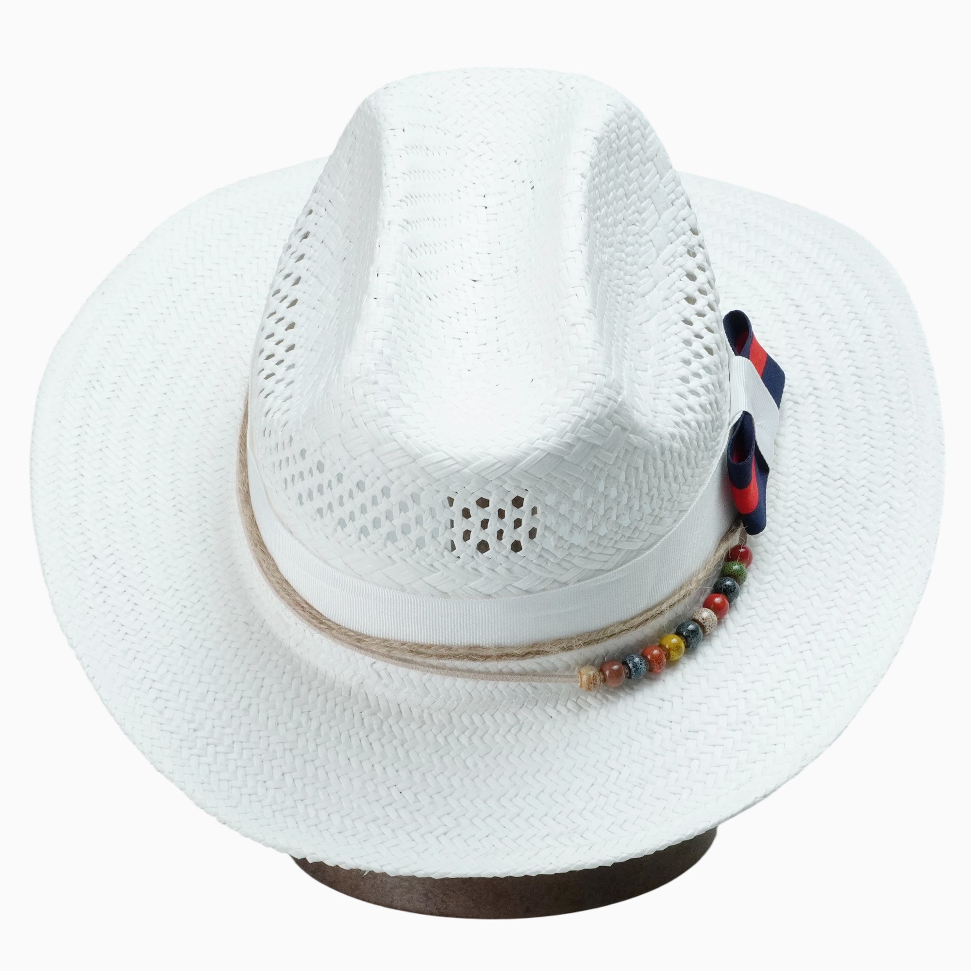 White Breathable Straw Fedora with Striped Bow & Multi-colored Beads