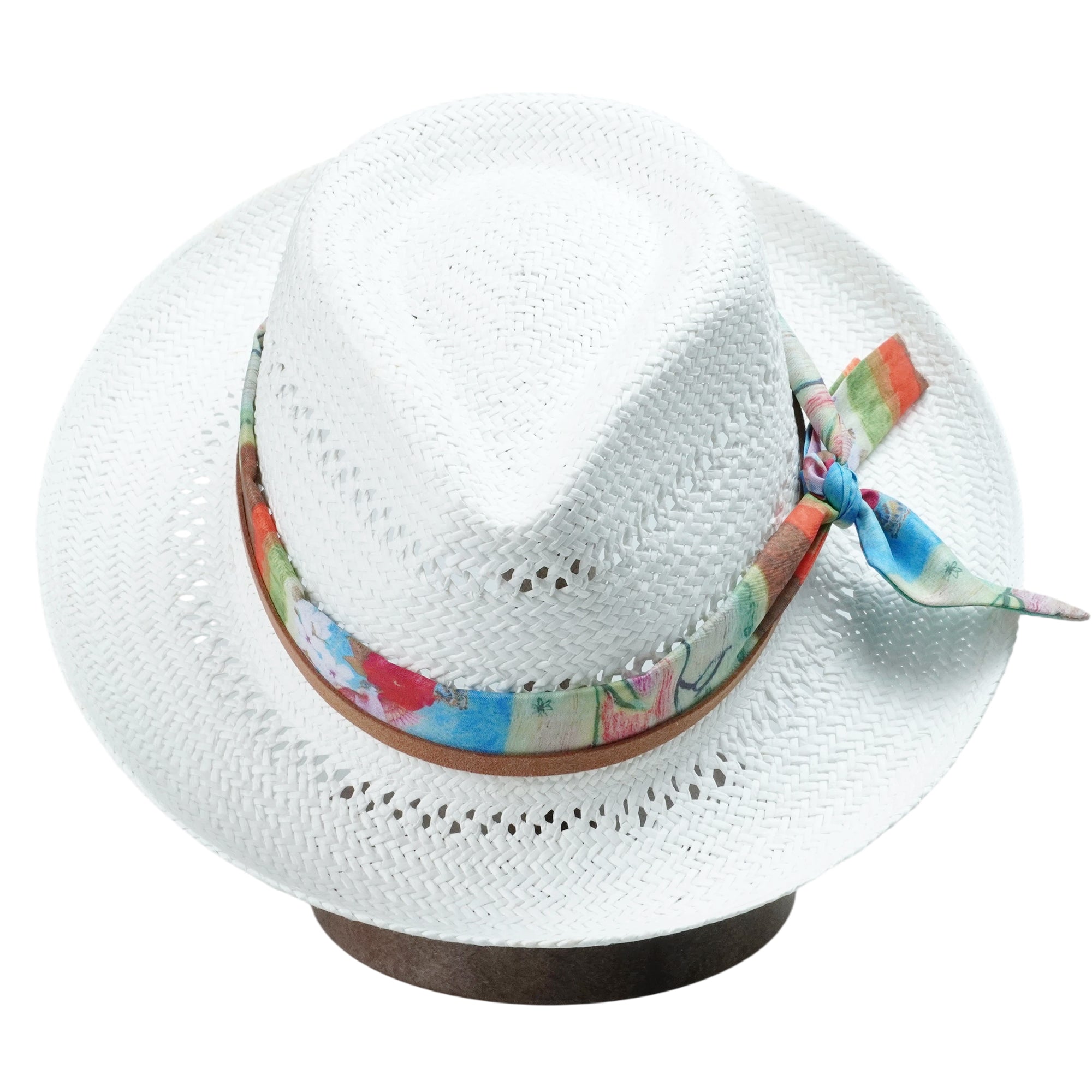 White Straw Hat - Hollow Design with Colorful Fabric Accent