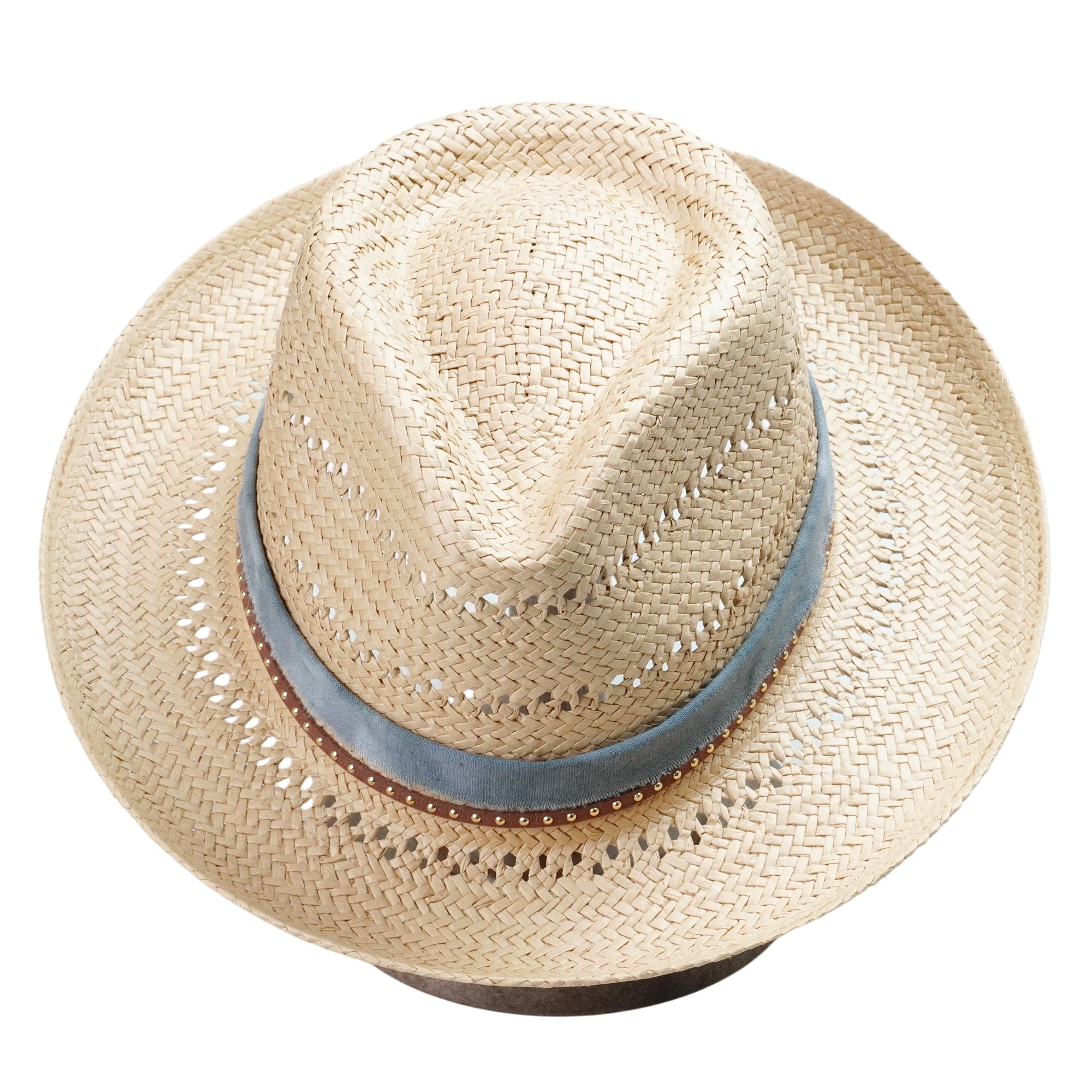 Natural Straw Hat with Cutout Crown & Blue Fabric Band