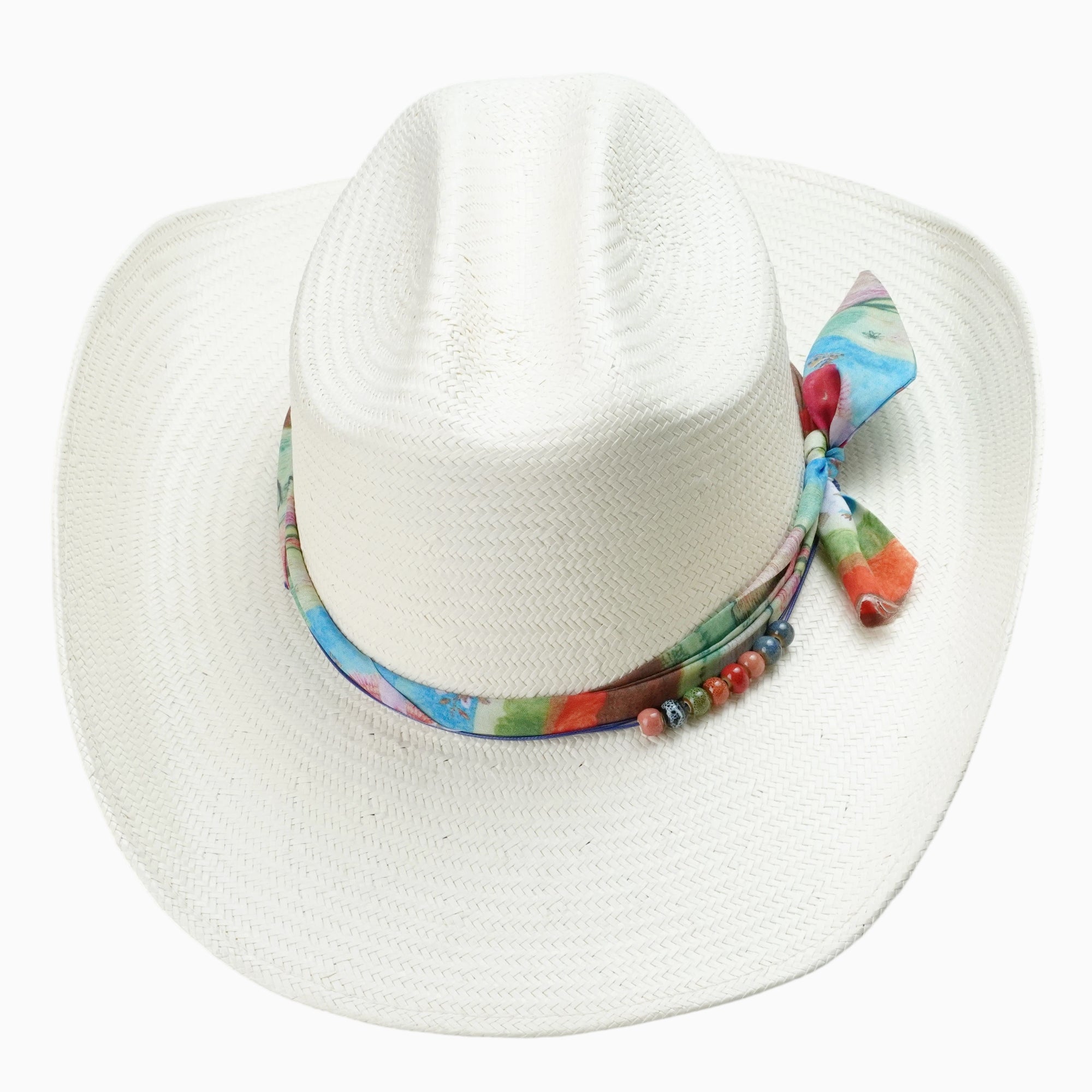 Off-White Breathable Straw Fedora with Vibrant Printed Band & Colorful Beads