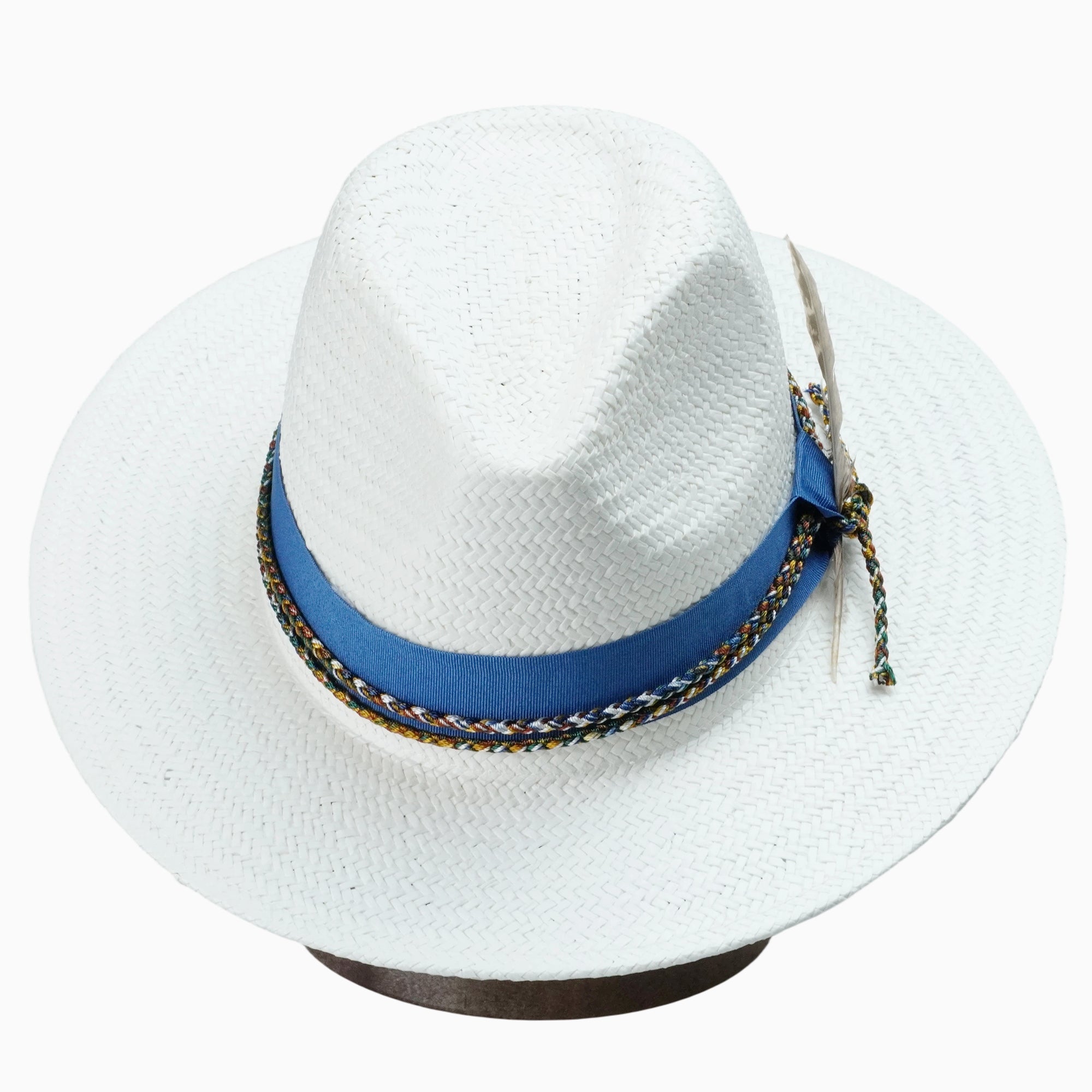 White Breathable Straw Fedora with Blue Ribbon, Braided Cord & Feather Trim