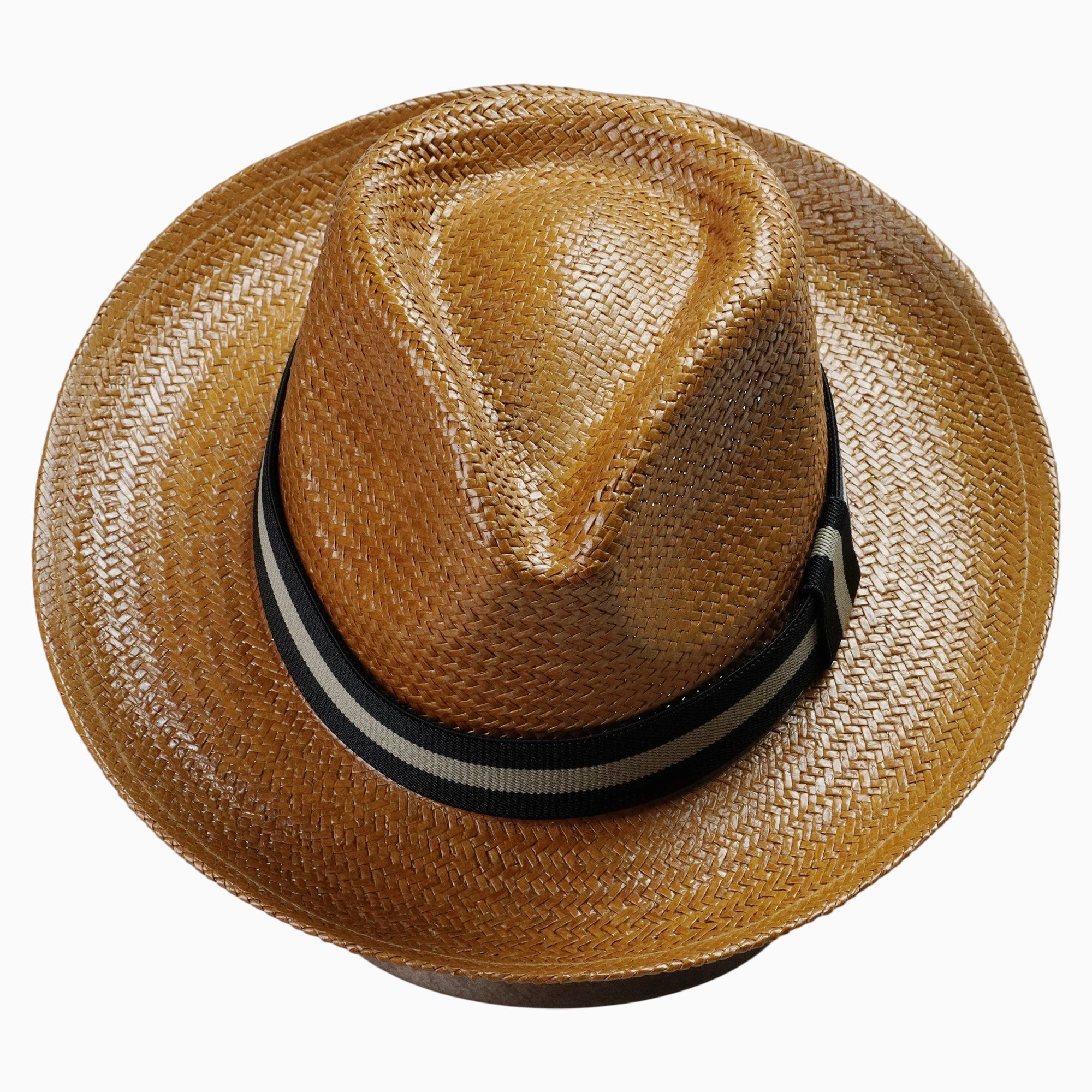 Natural Brown Straw Fedora with Striped Contrast Hatband