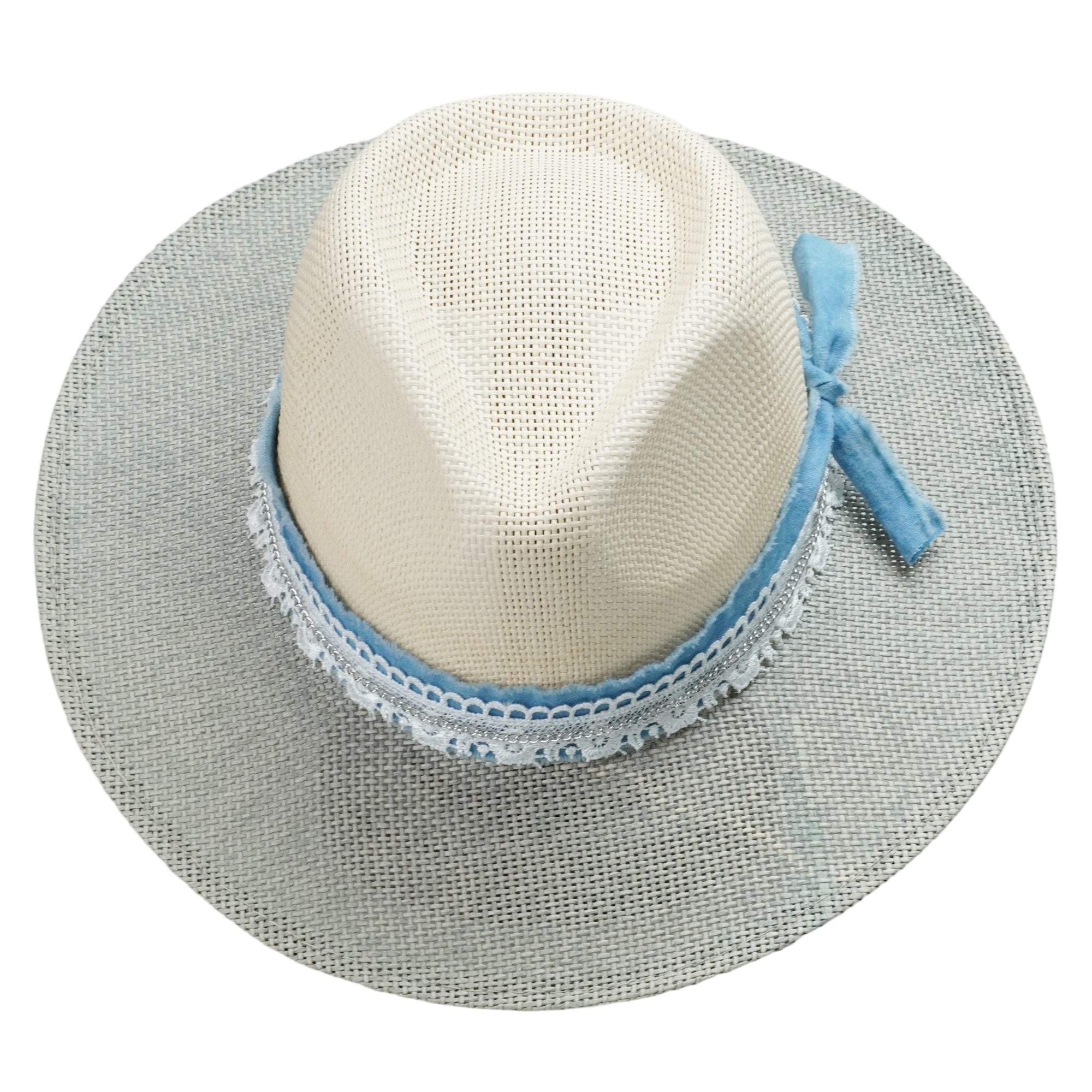 Two-Tone Straw Hat with Denim Band & Silver Chain