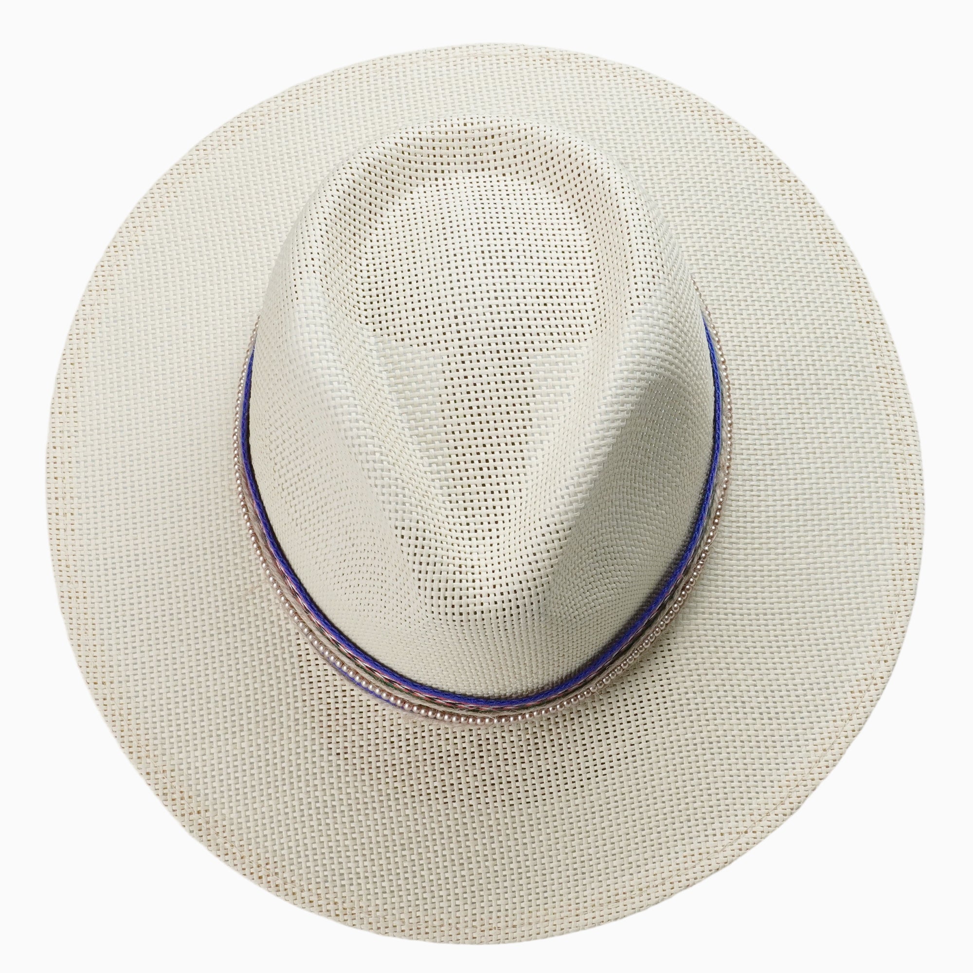 Natural Straw Fedora with Multi-Colored Woven Band & Beaded Trim