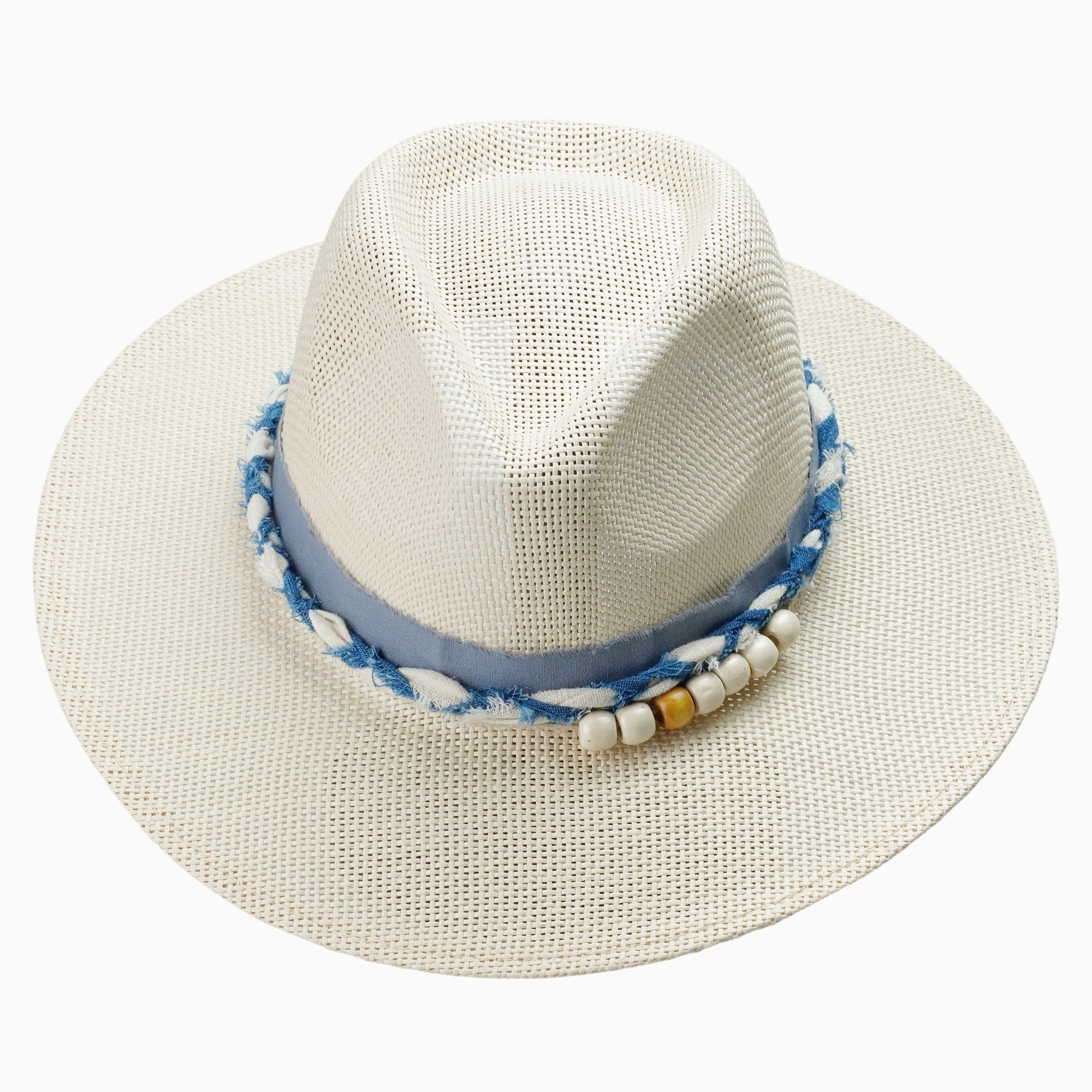Two-Tone Straw Fedora with Blue Frayed Band & Beaded Detail