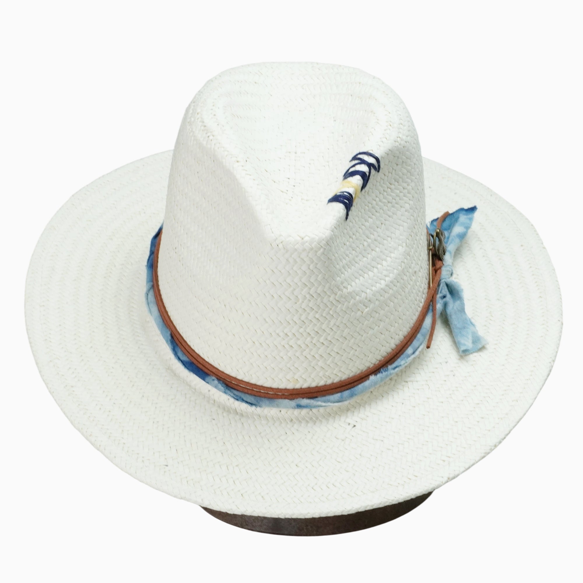 White Breathable Straw Fedora with Tie-Dye Band & Dove Pin