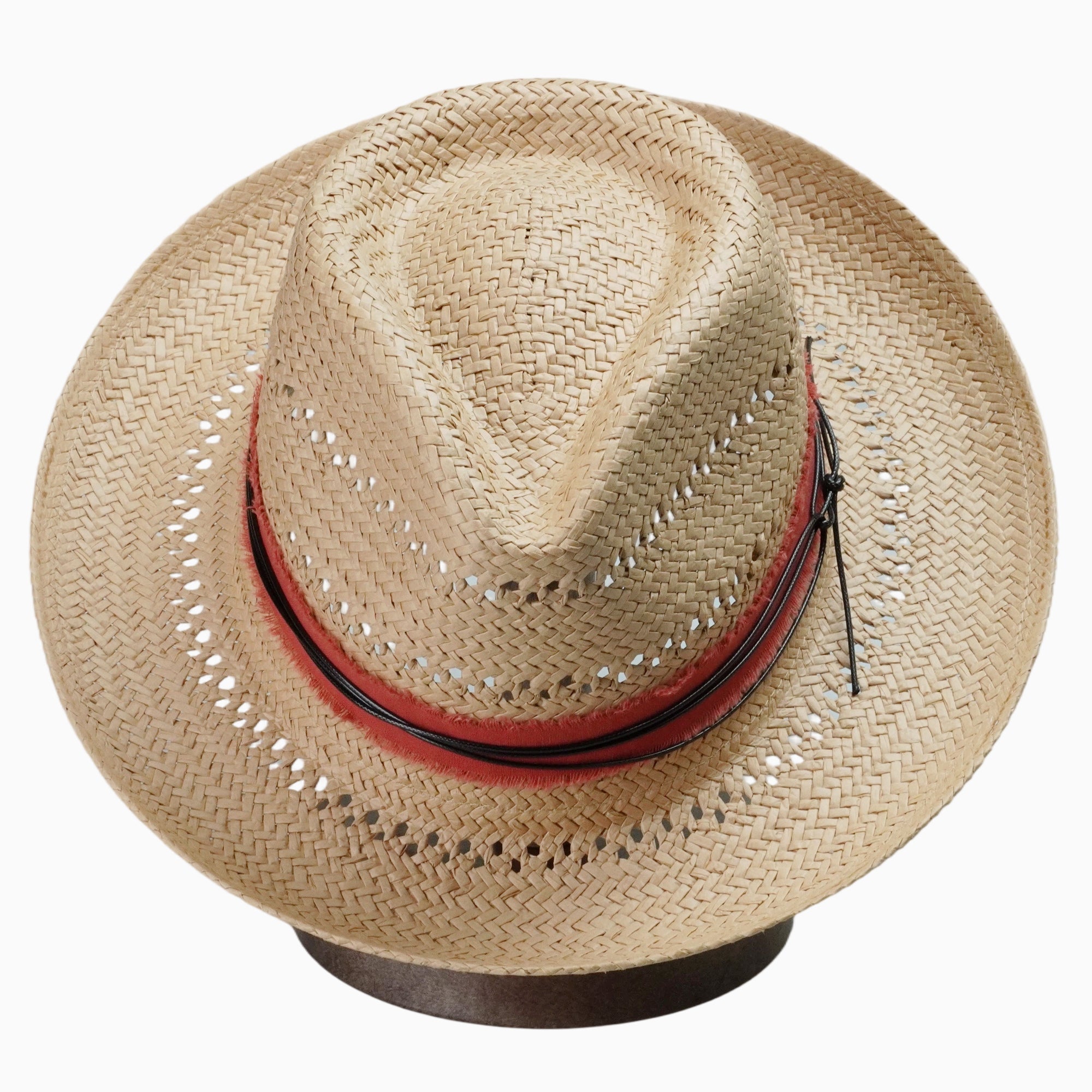 Breathable Straw Fedora with Distressed Red Band & Cord Trim