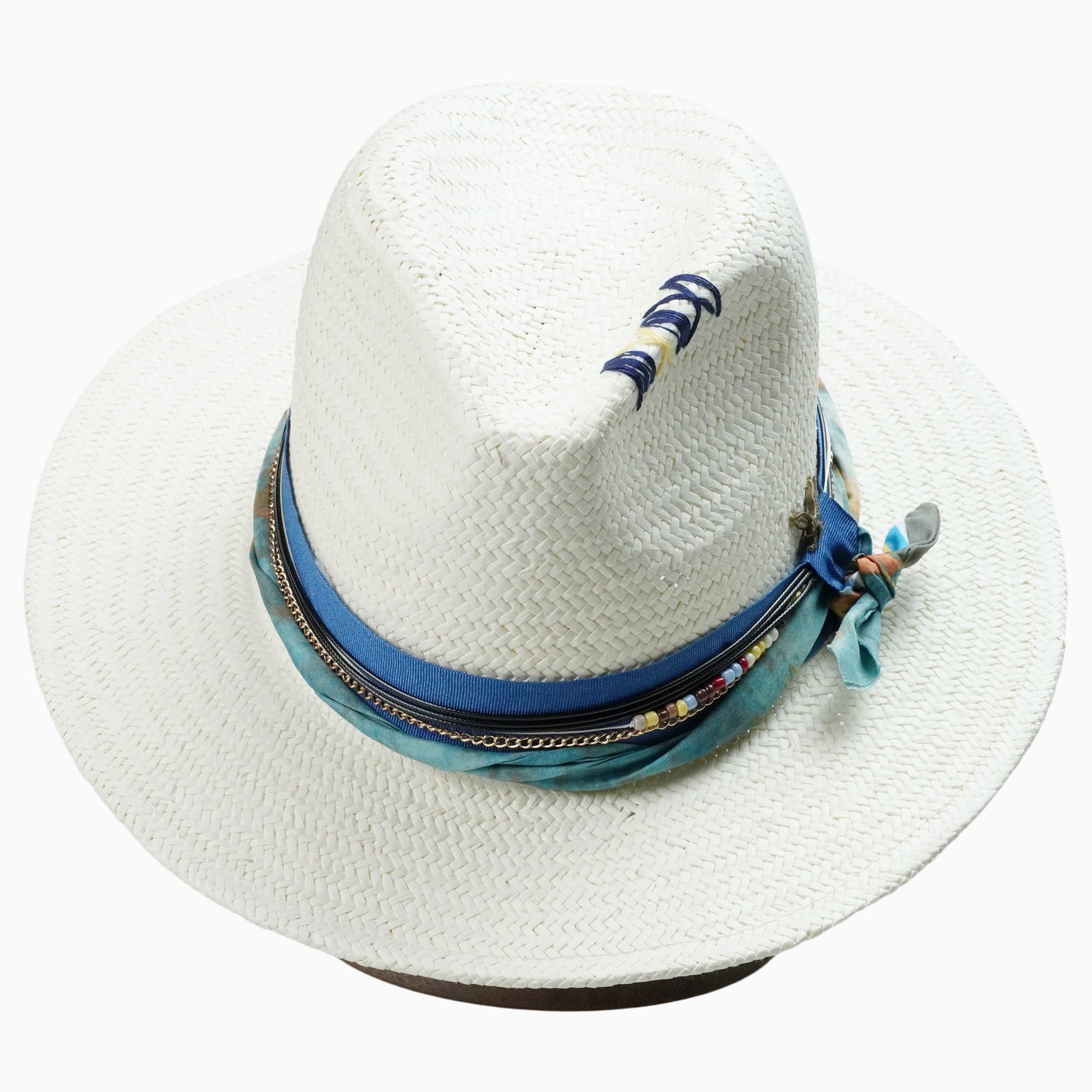 White Breathable Straw Hat with Beaded & Eagle Charm Band