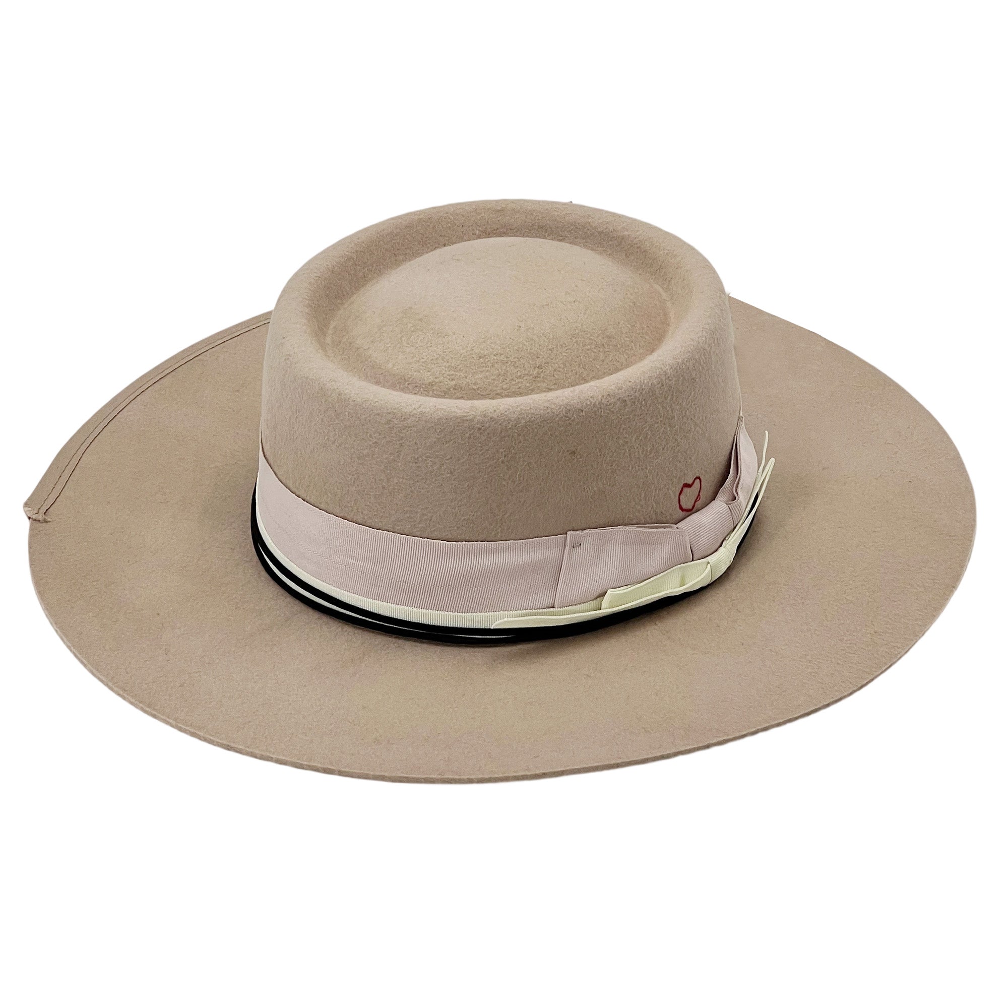 Beige Flat-Brim Hat – Pink Bow & White Band