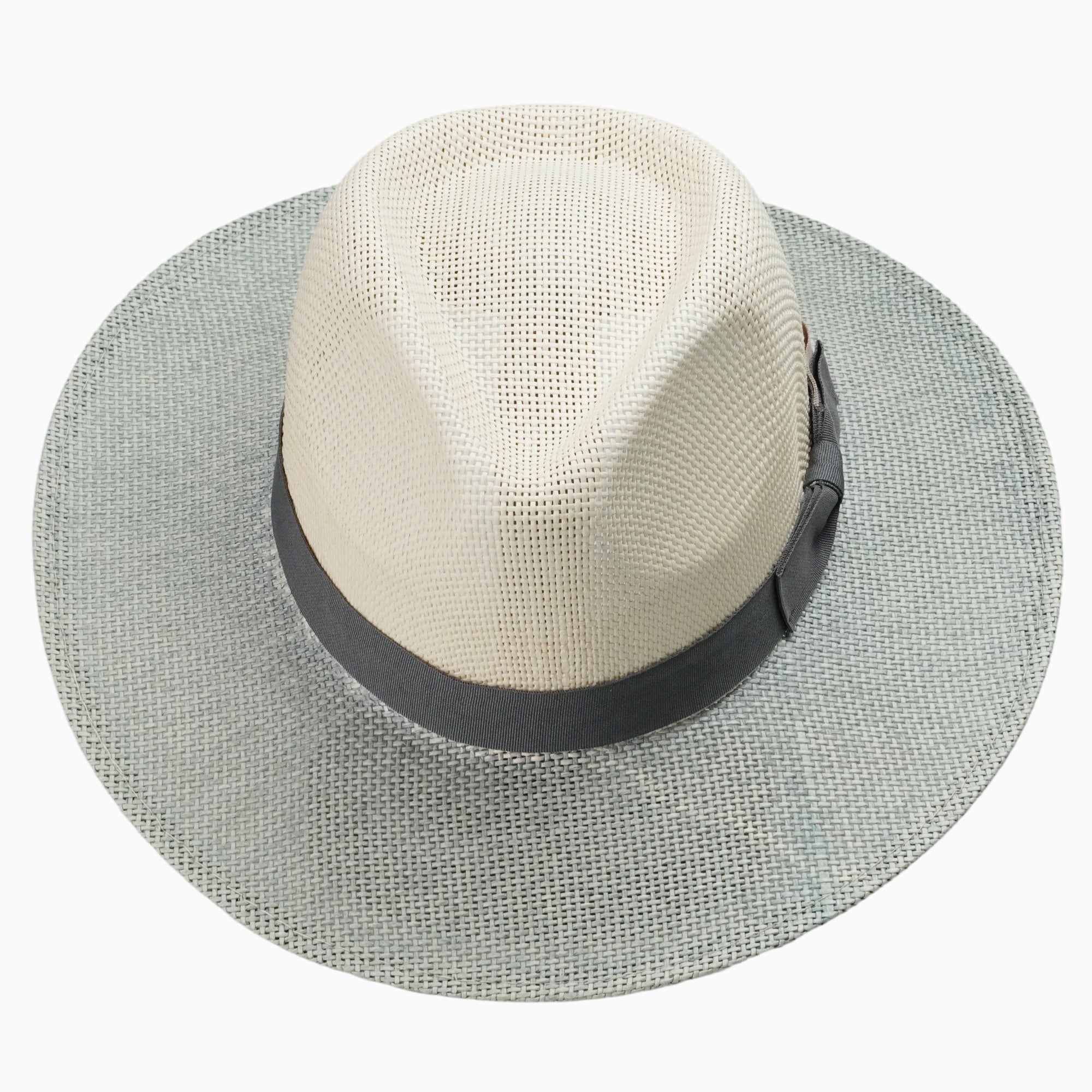 Two-Tone Off-White & Grey Straw Hat with Grey Ribbon Bow
